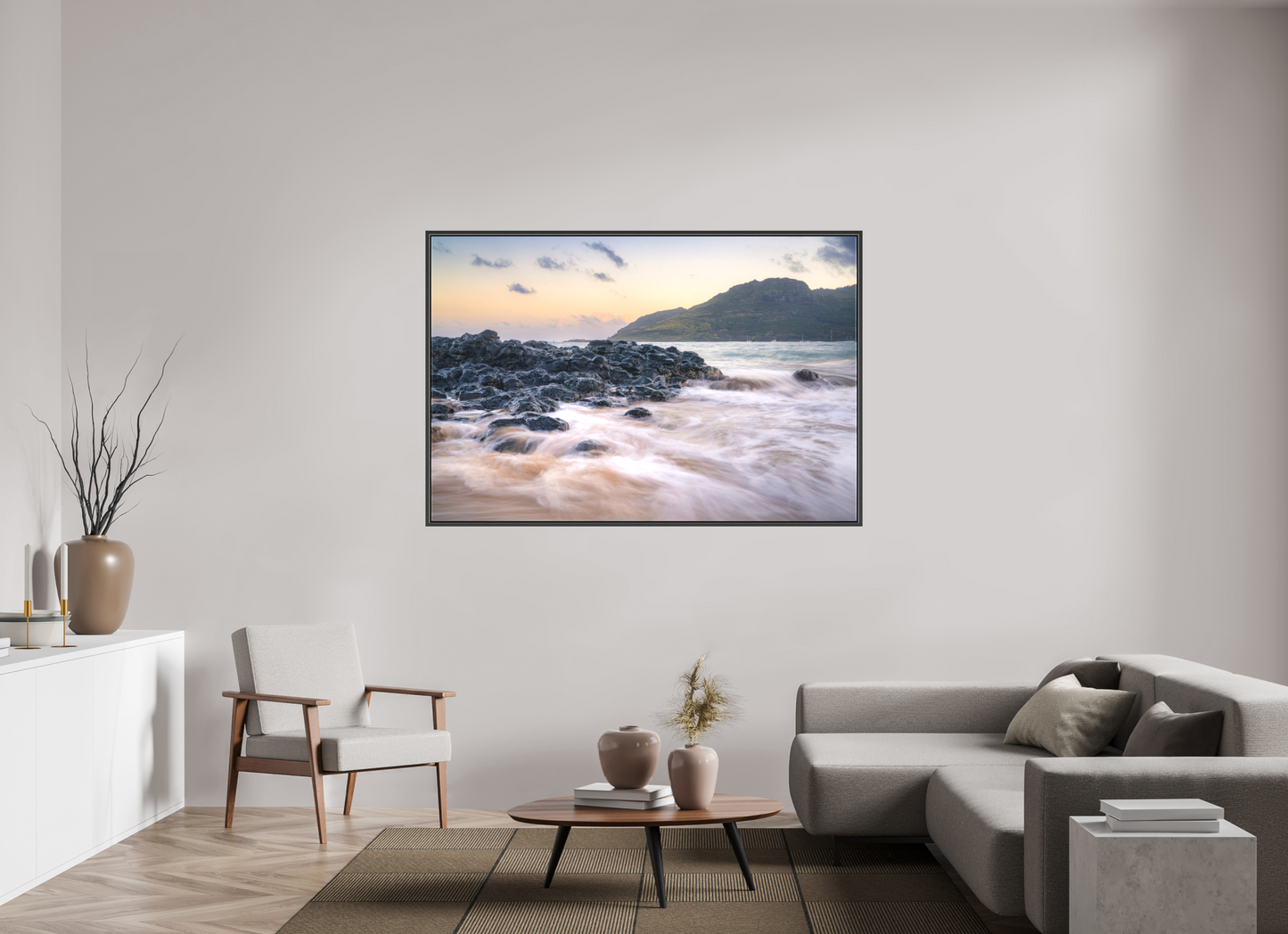 66 x 44″, Matte Canvas Print with Black Wood Floater Frame Lihue Sunset