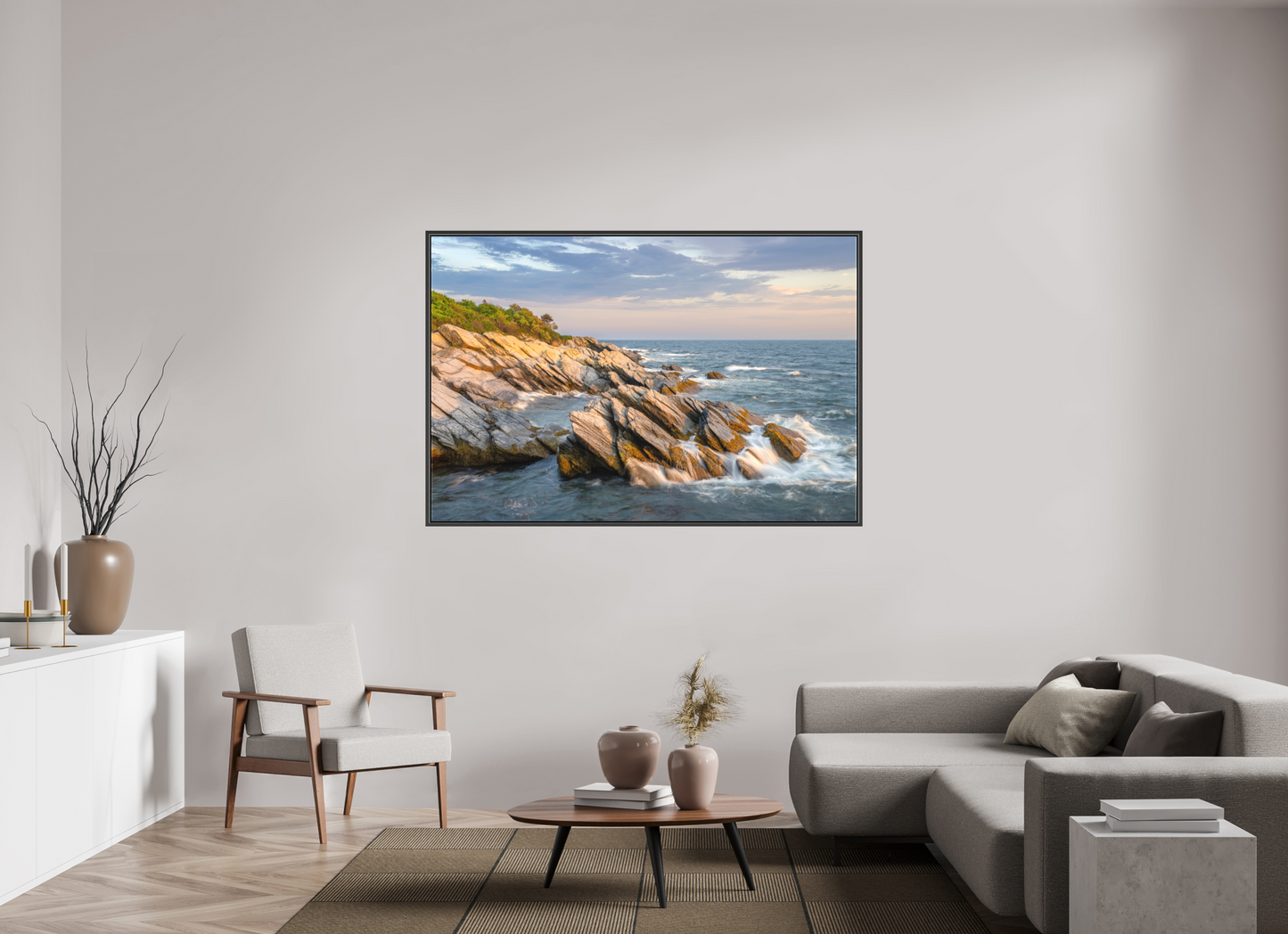 66 x 44″, Matte Canvas Print with Black Wood Floater Frame Beavertail Cliffs Approaching Sunset