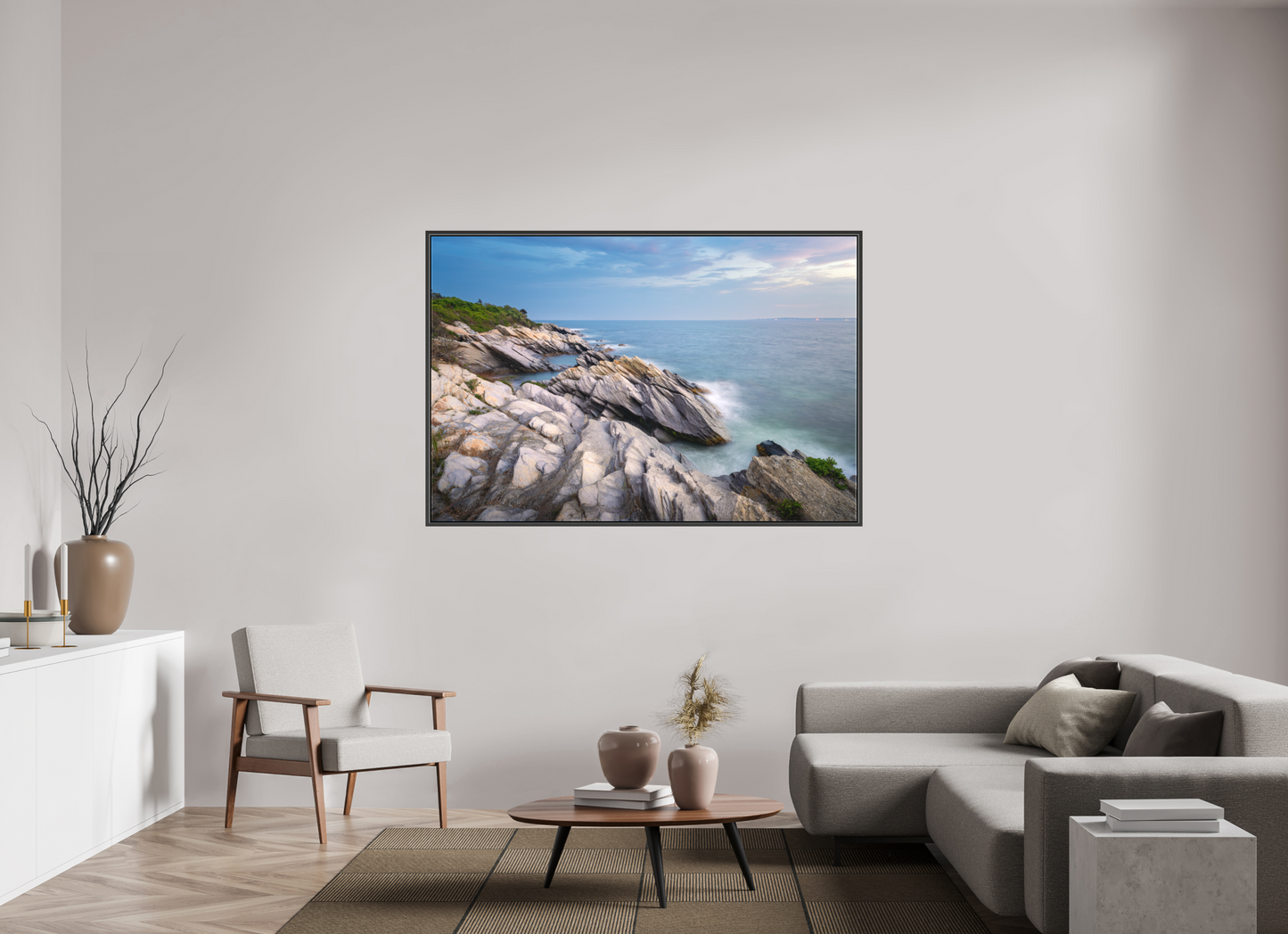 66 x 44″, Matte Canvas Print with Black Wood Floater Frame Blue Hour at Beavertail