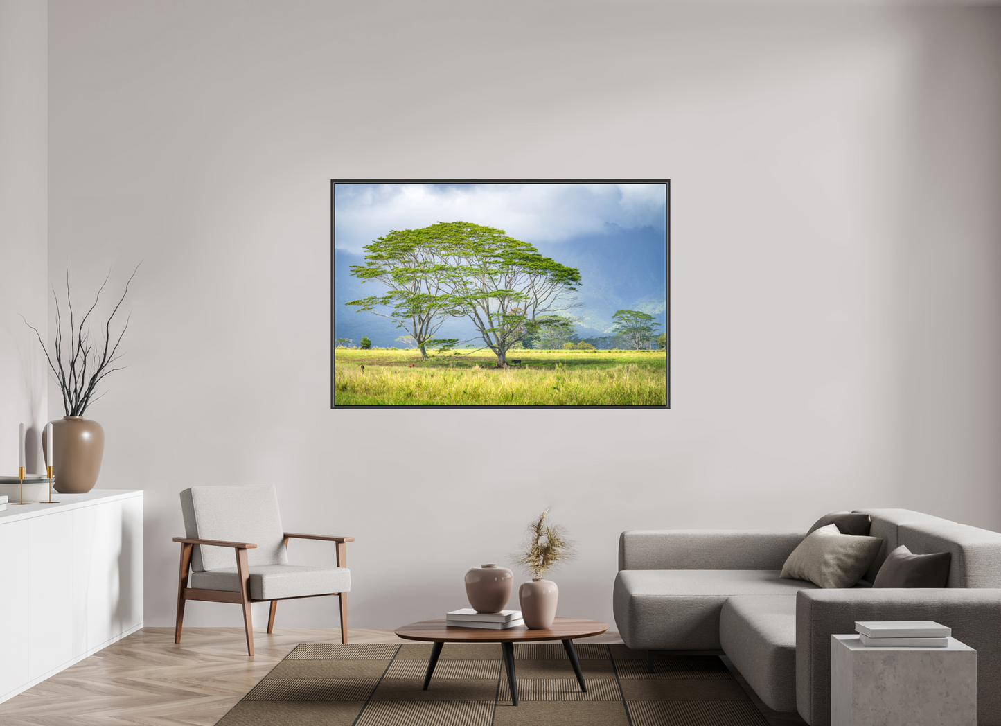 66 x 44″, Matte Canvas Print with Black Wood Floater Frame Savanna Trees of Kauai