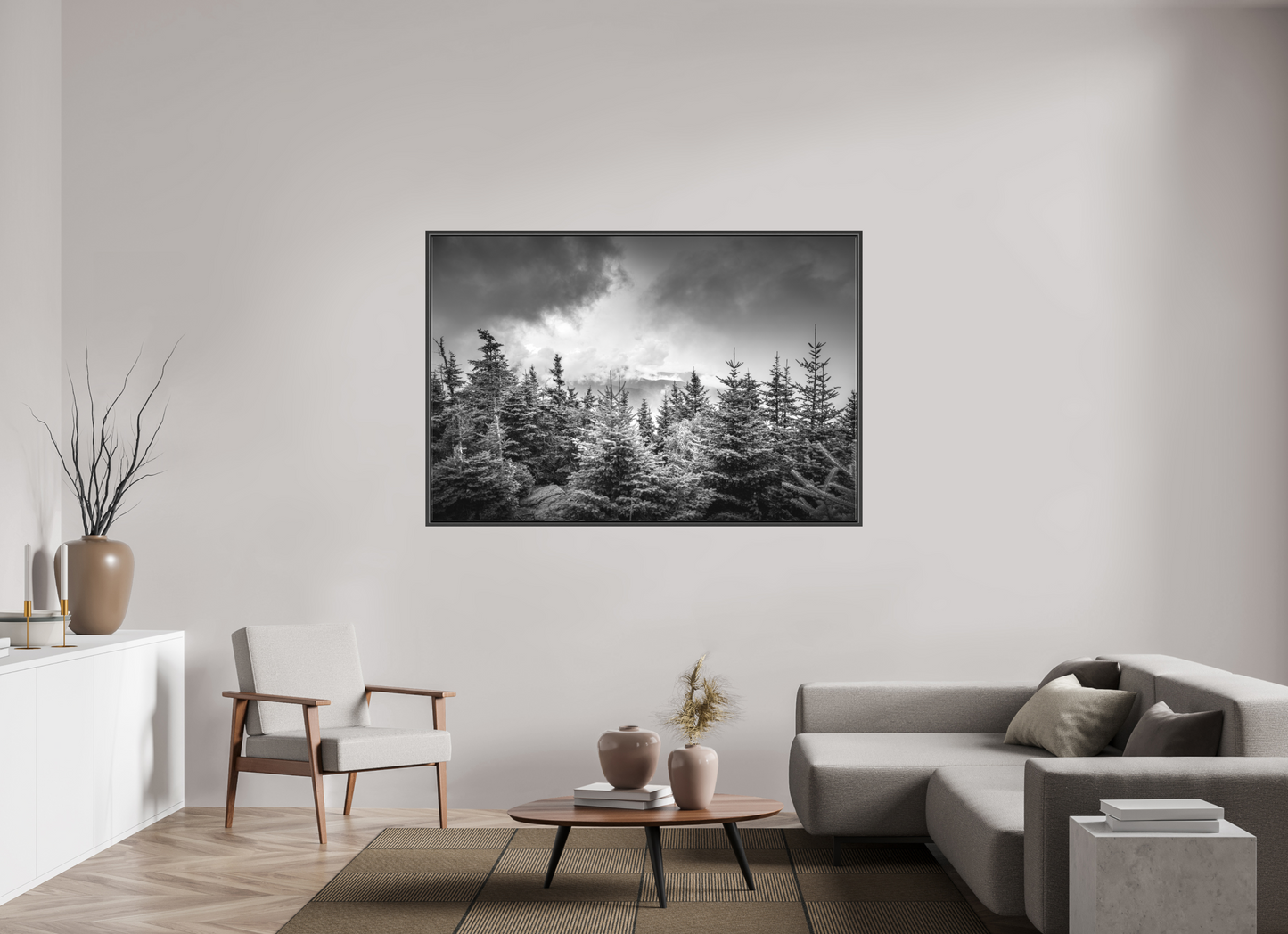 66 x 44″, Matte Canvas Print with Black Wood Floater Frame Pines in Mountain Clouds