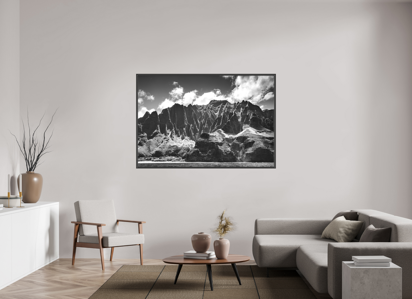 66 x 44″, Matte Canvas Print with Black Wood Floater Frame Rugged Coastline Along the Napali Coast