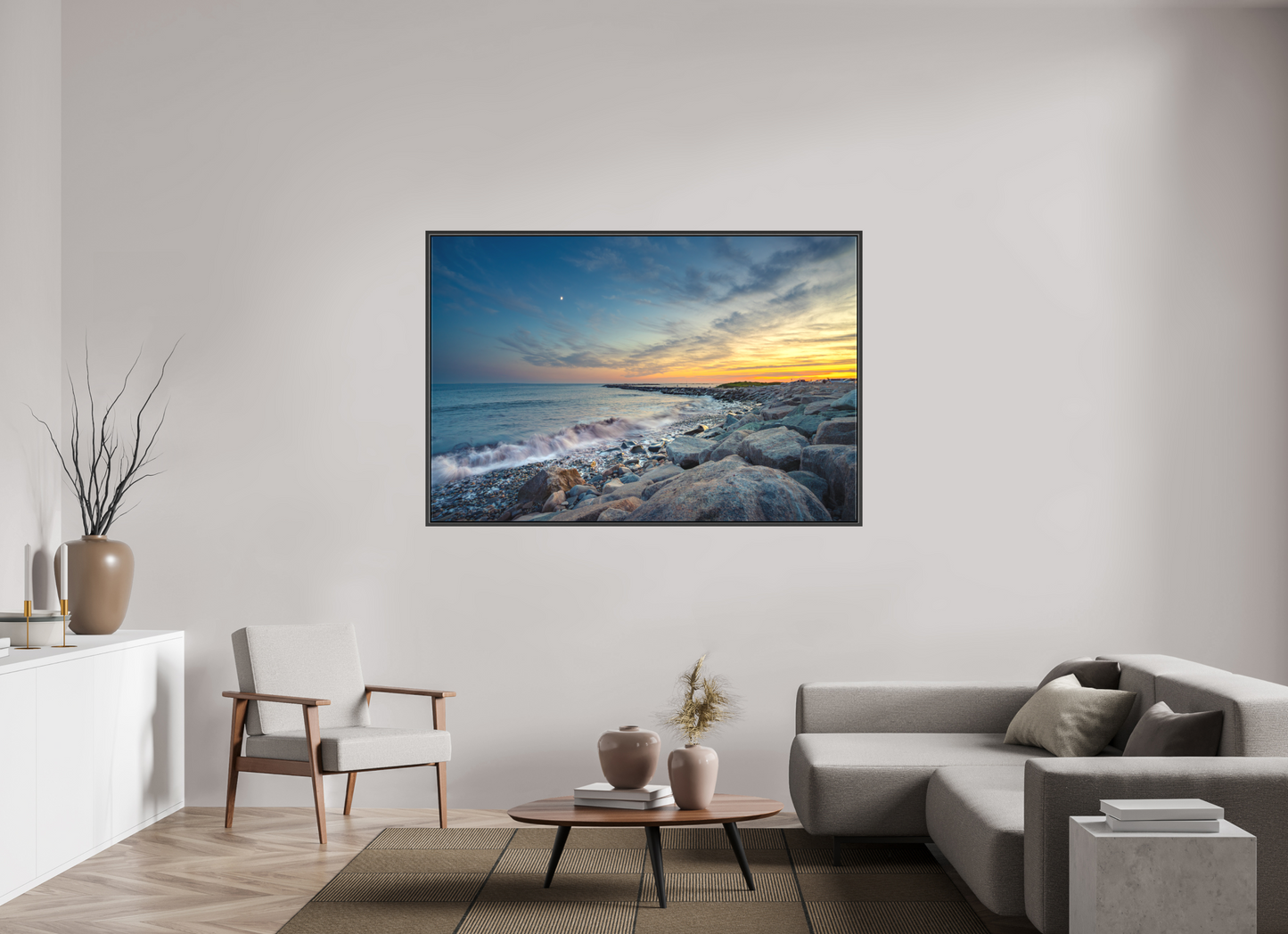 66 x 44″, Matte Canvas Print with Black Wood Floater Frame Sunset at Camp Cronin