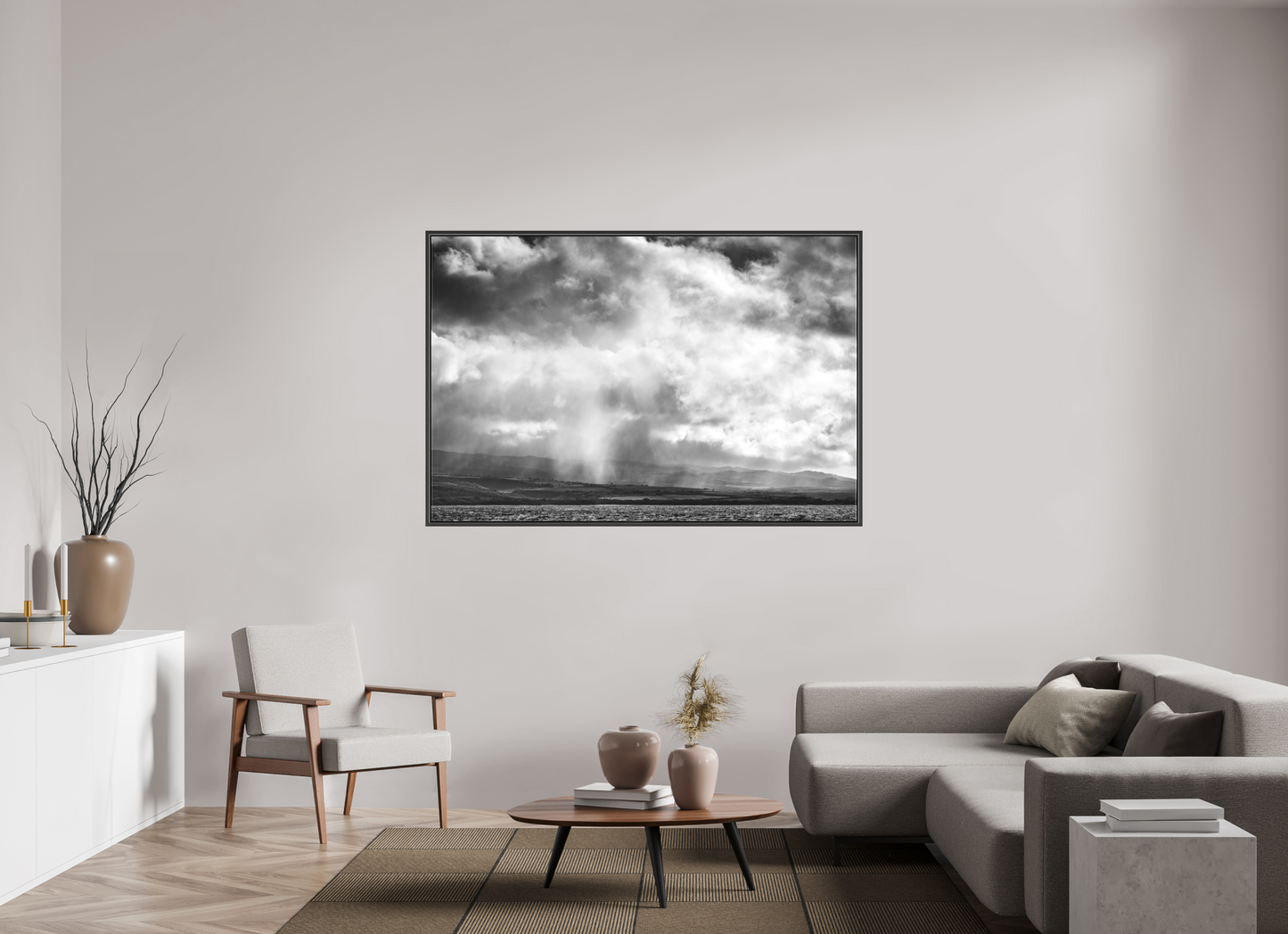 66 x 44″, Matte Canvas Print with Black Wood Floater Frame Rain Showers Along the Napali Coast
