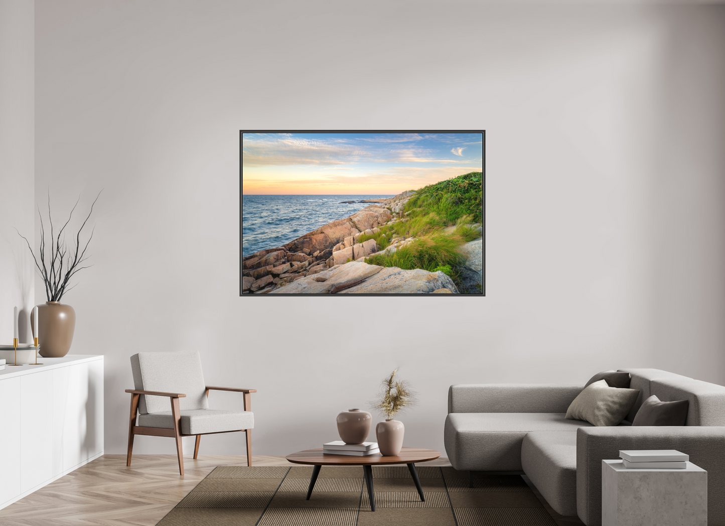 66 x 44″, Matte Canvas Print with Black Wood Floater Frame Black Point before Sunset