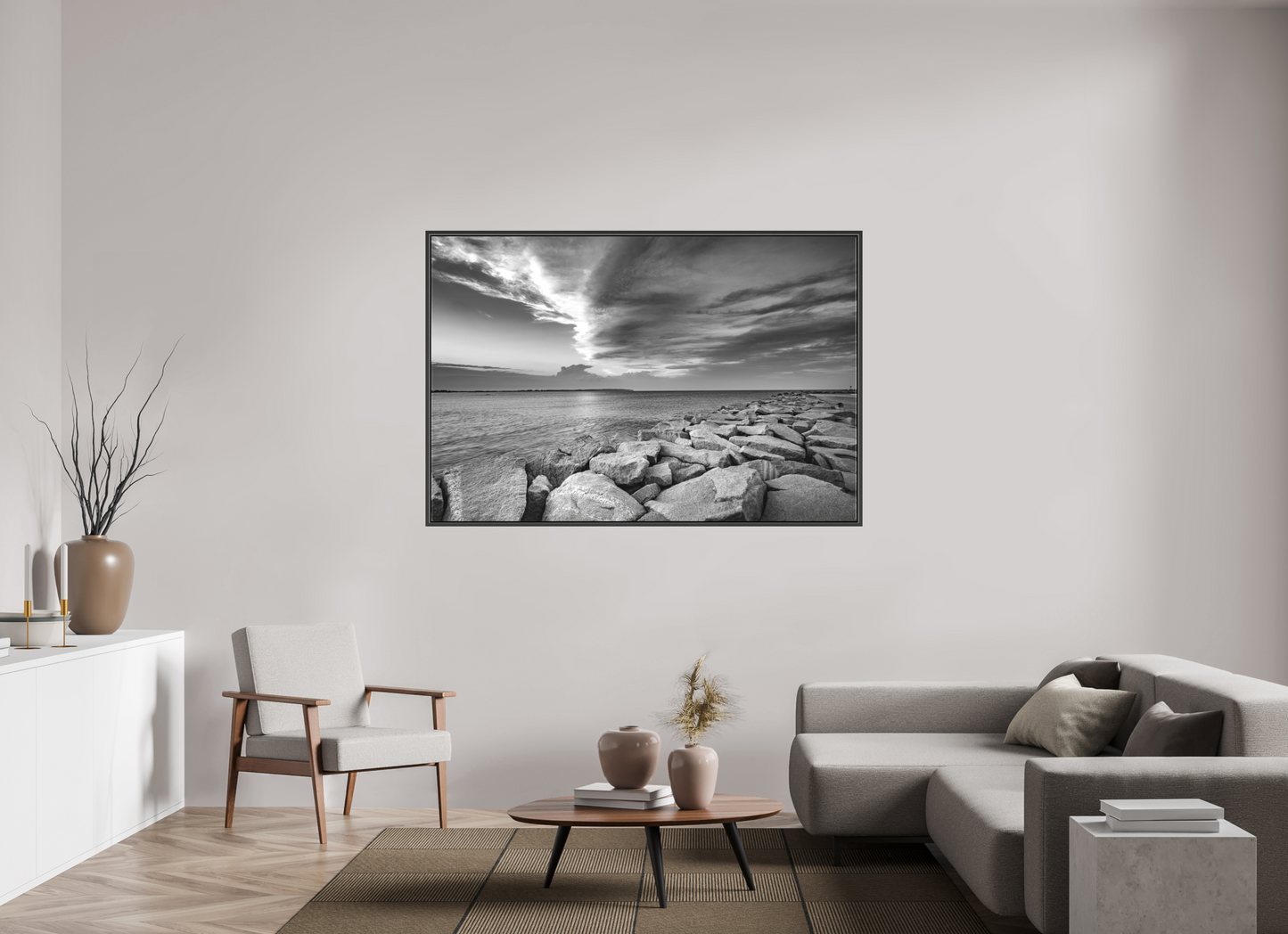 66 x 44″, Matte Canvas Print with Black Wood Floater Frame Overlooking Old Harbor