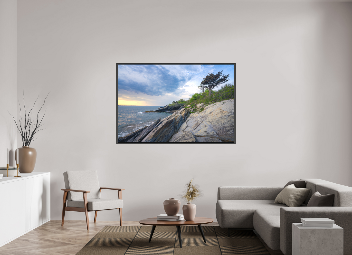 66 x 44″, Matte Canvas Print with Black Wood Floater Frame Rain in the Distance at Beavertail
