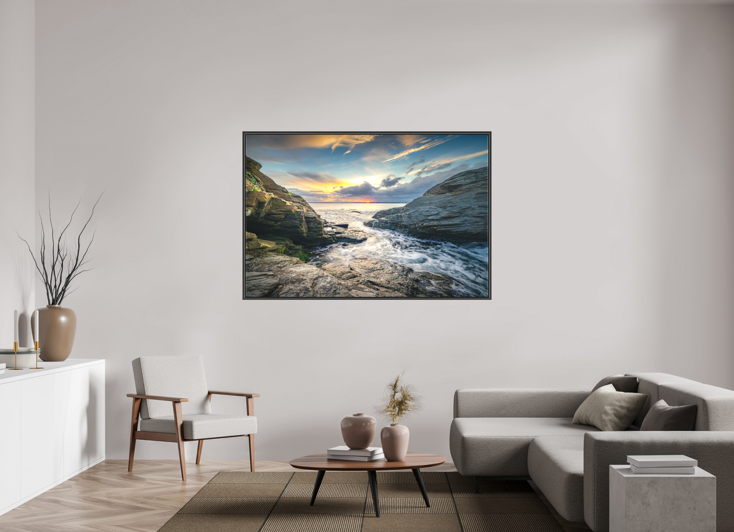 66 x 44″, Matte Canvas Print with Black Wood Floater Frame Vanishing Sun