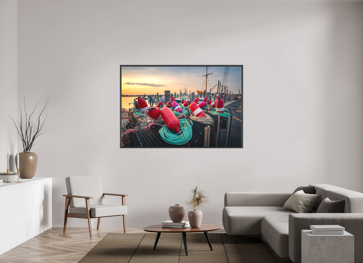 66 x 44″, Matte Canvas Print with Black Wood Floater Frame Buoys, Boats, and Lobster Pots