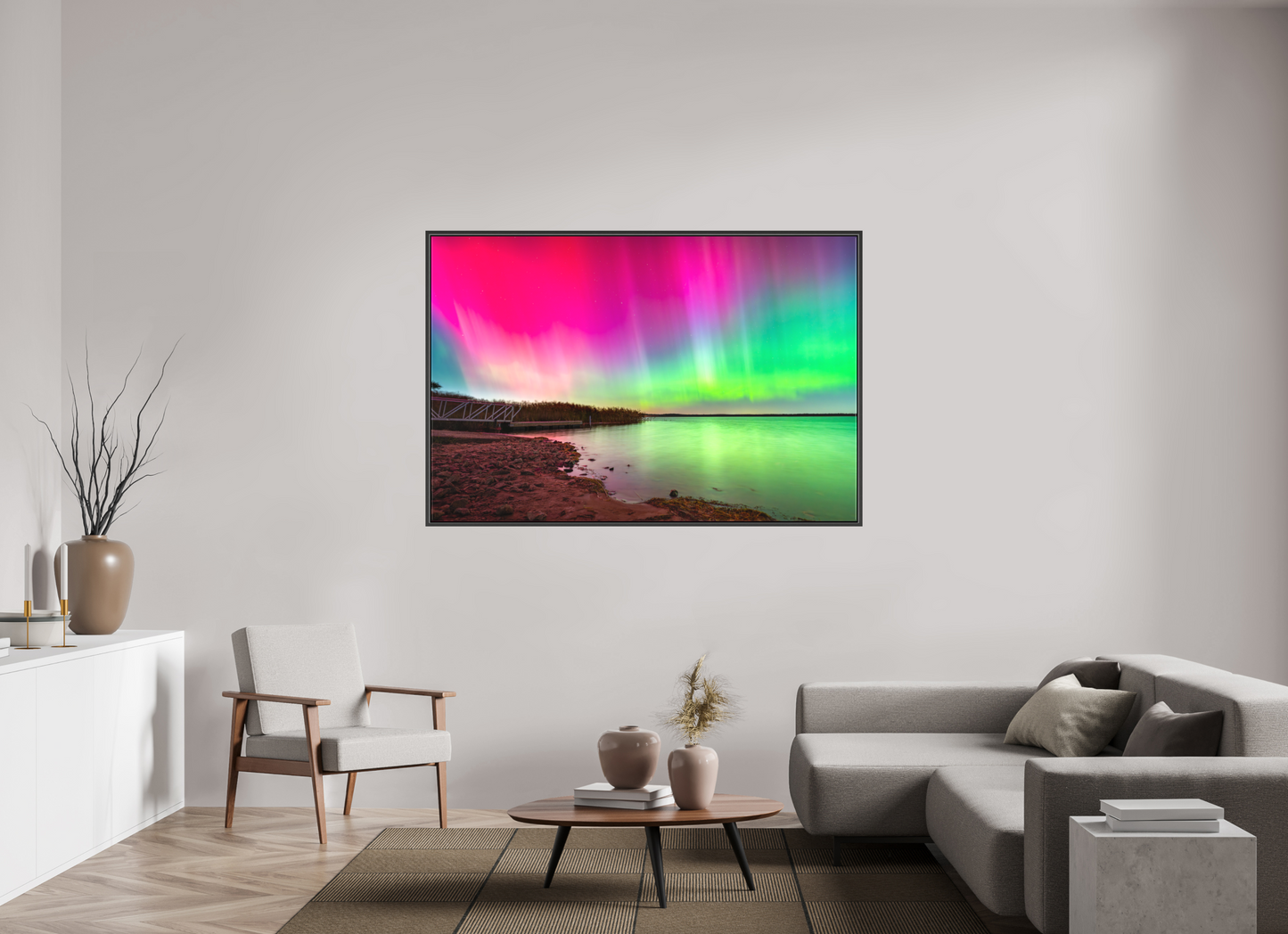 66 x 44″, Matte Canvas Print with Black Wood Floater Frame Aurora Borealis Over Wordens Pond