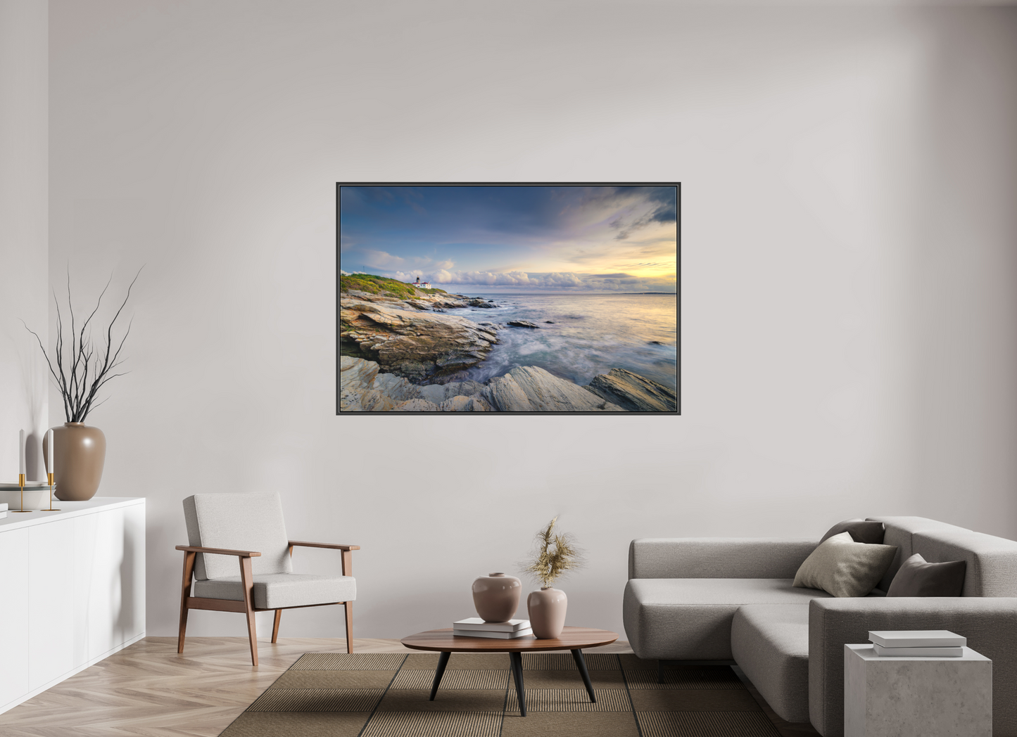 66 x 44″, Matte Canvas Print with Black Wood Floater Frame Twilight at Beavertail Lighthouse