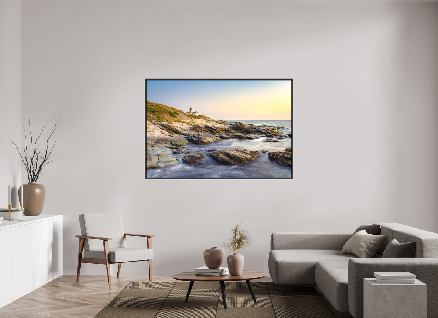 66 x 44″, Matte Canvas Print with Black Wood Floater Frame Beavertail Lighthouse