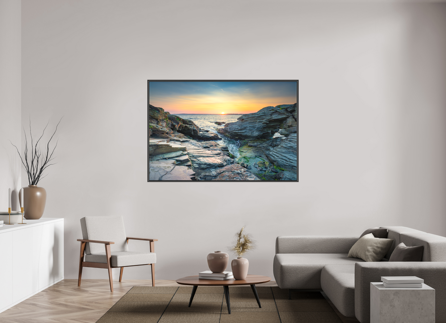 66 x 44″, Matte Canvas Print with Black Wood Floater Frame Sun on the Horizon