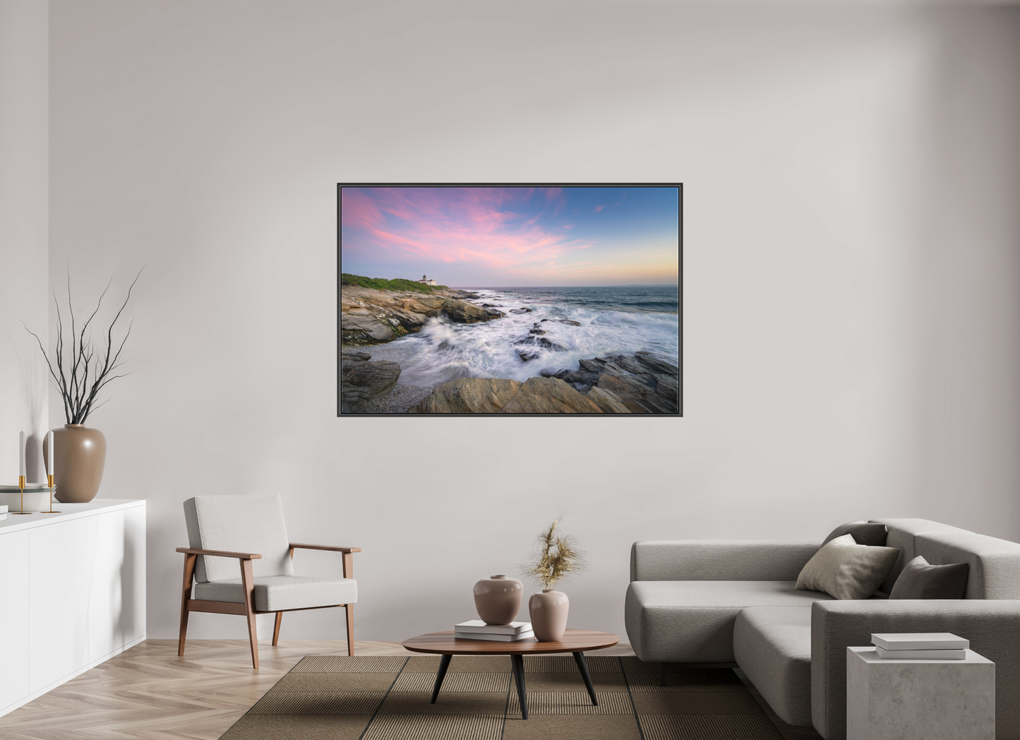 66 x 44″, Matte Canvas Print with Black Wood Floater Frame Rough Seas at Sunset