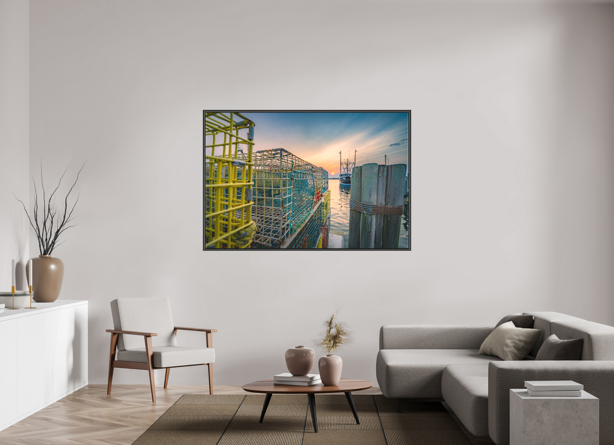 66 x 44″, Matte Canvas Print with Black Wood Floater Frame Lobster Trap Sunset