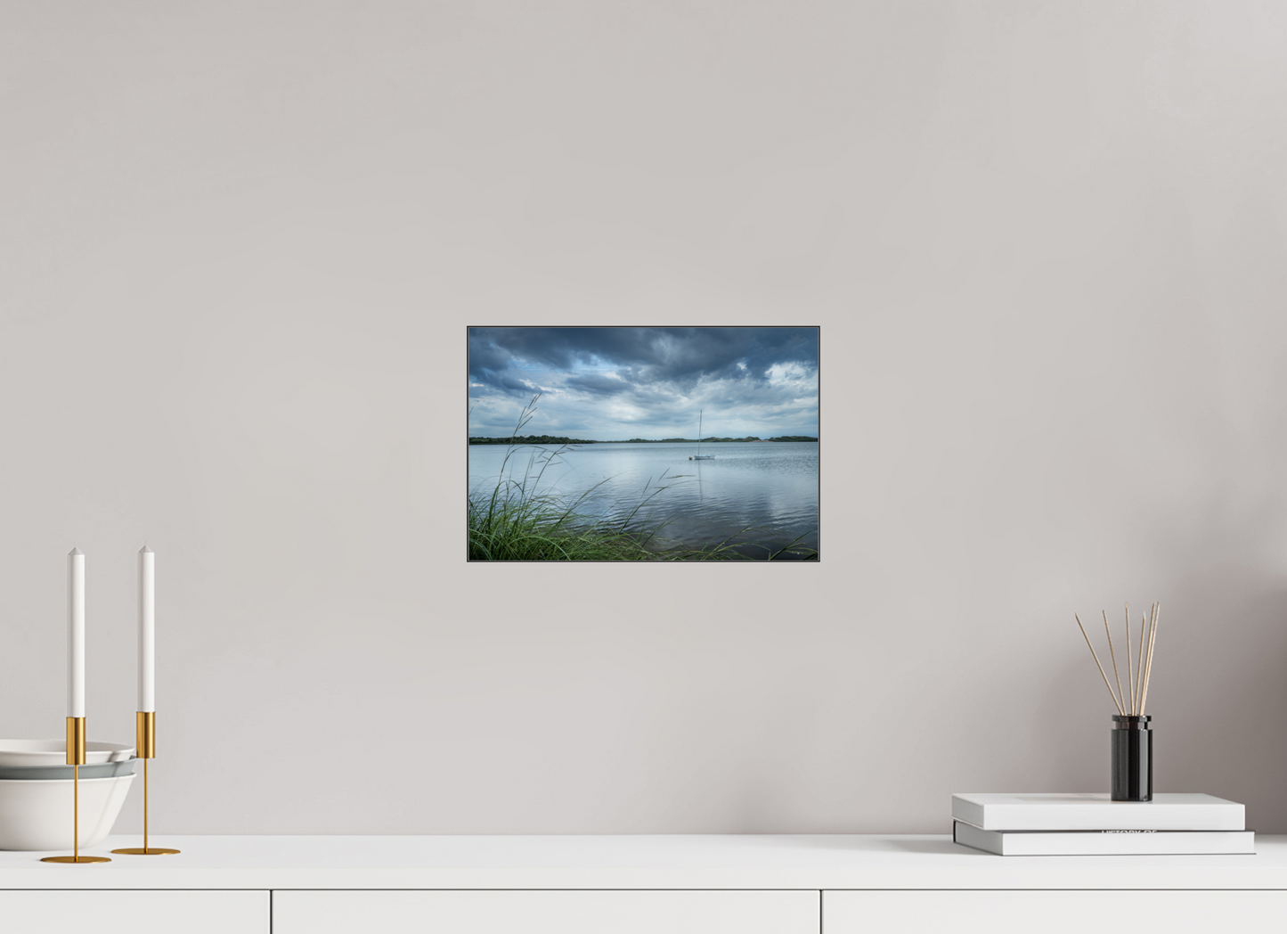 12 x 8″, Photo Print under Acrylic Glass with Black Slimline Case Lonely Boat on Sachem Pond