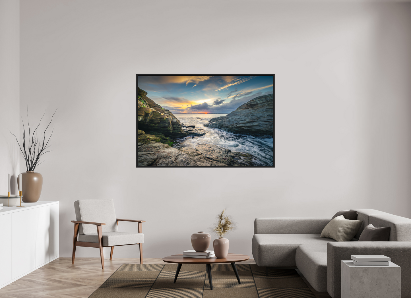 66 x 44″, ChromaLuxe HD Metal Print with Black Wood Floater Frame Vanishing Sun