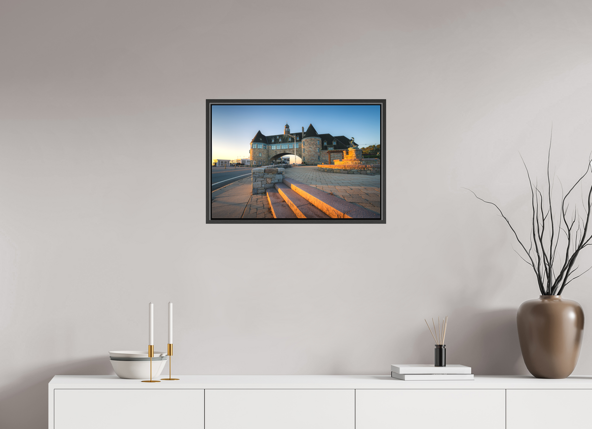 24 x 16″, Matte Canvas Print with Black Wood Floater Frame Golden Sunrise at The Towers