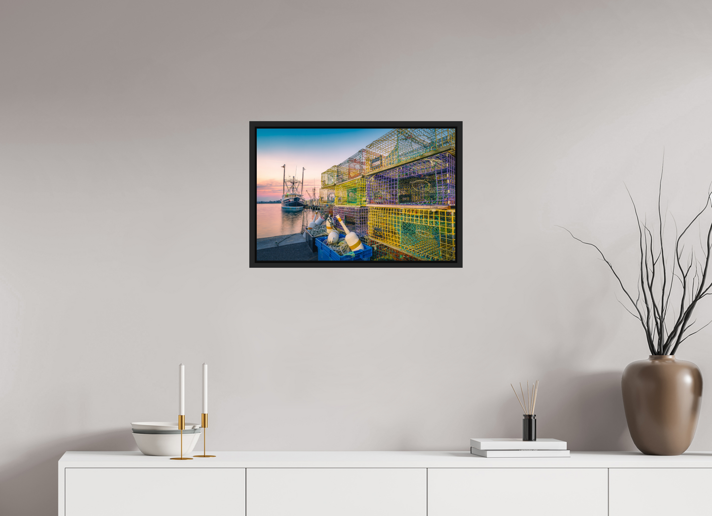 24 x 16″, Premium Photo Print under Acrylic Glass with Black Wood Floater Frame A Wall of Colorful Lobster Pots