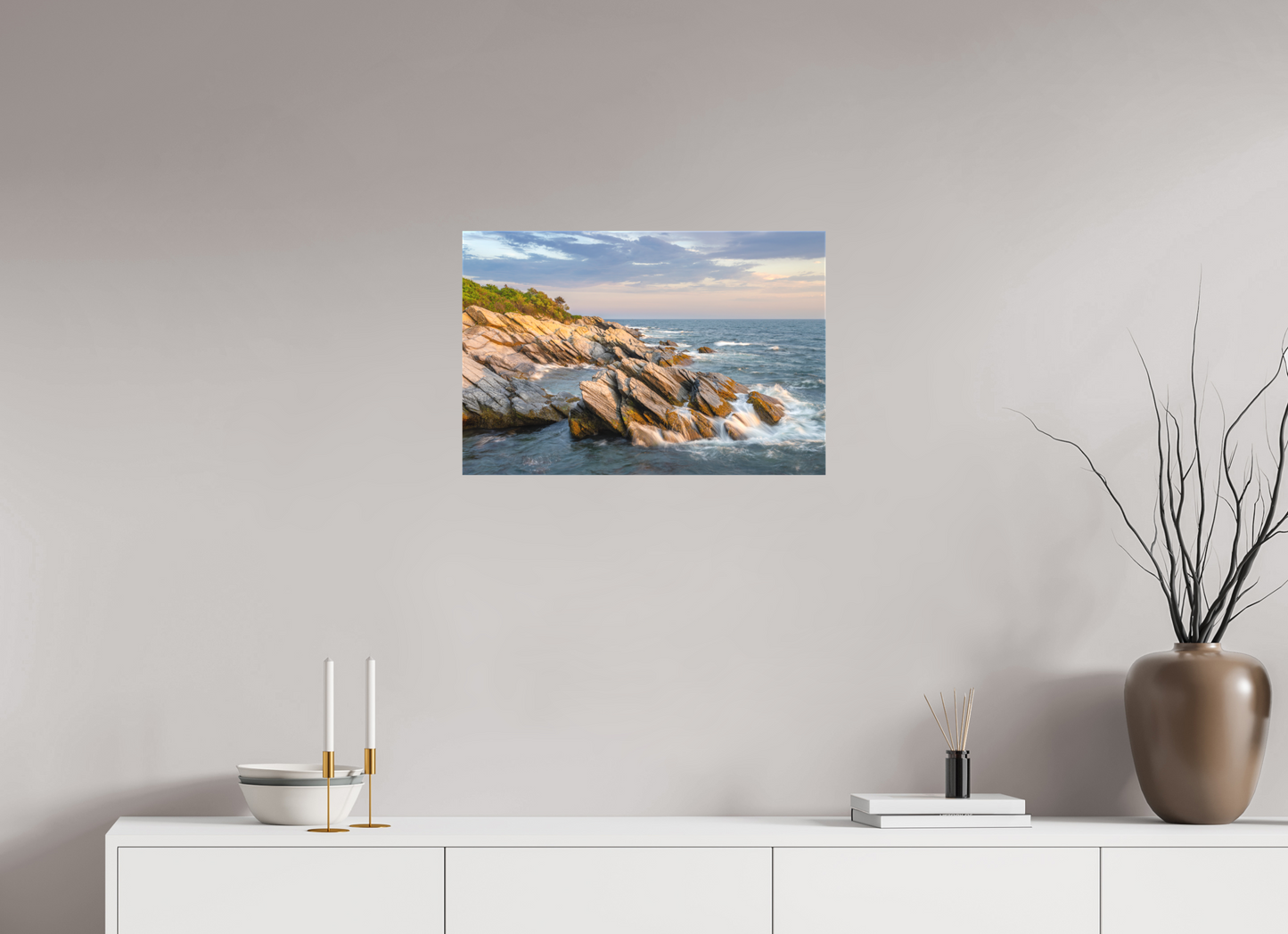 24 x 16″, Matte Canvas Print Beavertail Cliffs Approaching Sunset