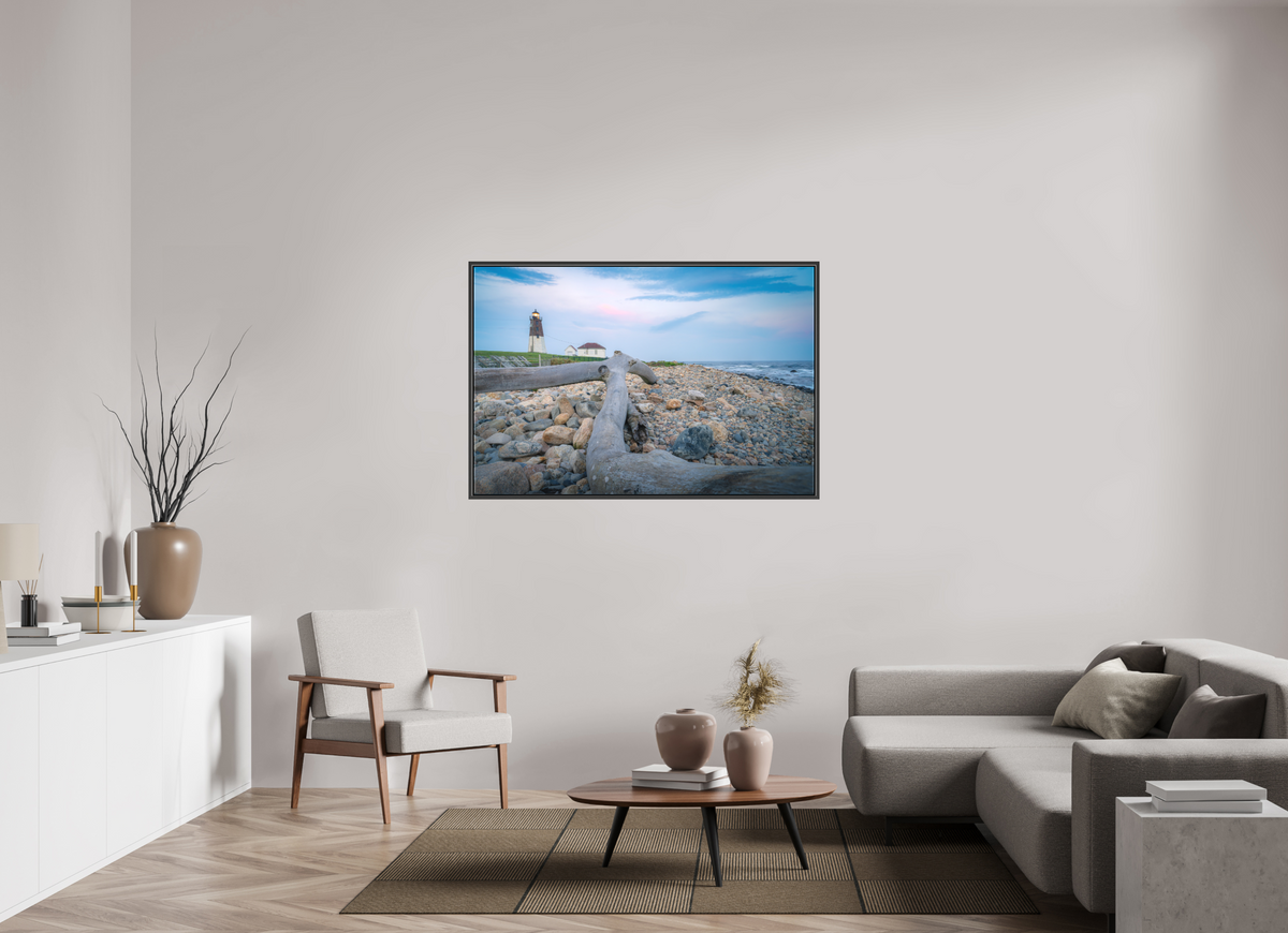 54 x 36″, Matte Canvas Print with Black Wood Floater Frame Driftwood at Pt. Judith Lighthouse