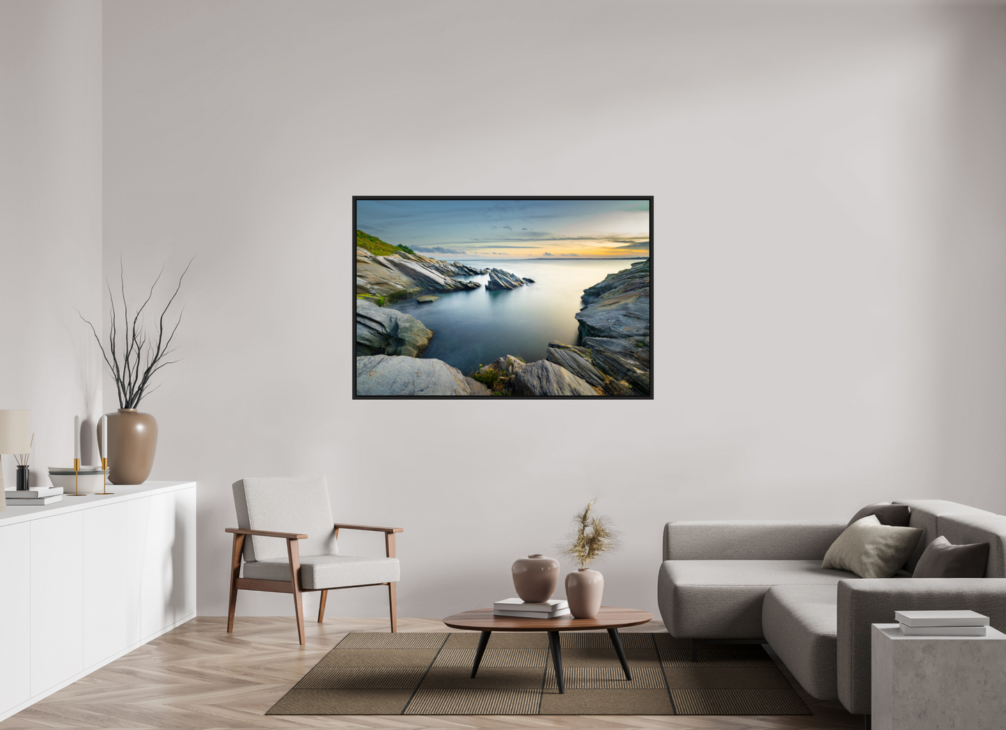 60 x 40″, Photo Print Under Acrylic Glass with Black Wood Floater Frame Sunset and Solitude