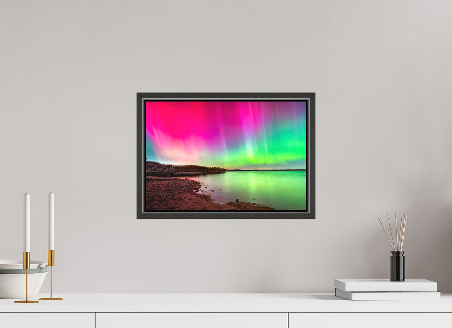 15 x 10″, Matte Canvas Print with Black Wood Floater Frame Aurora Borealis Over Wordens Pond