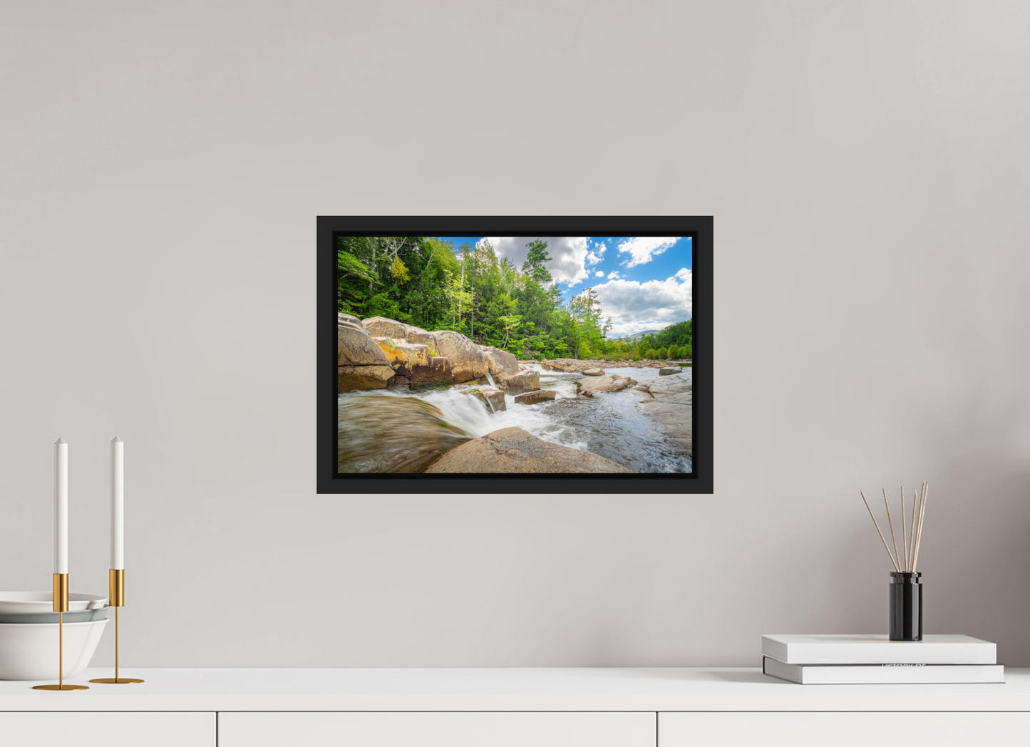 15 x 10″, Photo Print under Acrylic Glass with Black Wood Floater Frame Over the Falls