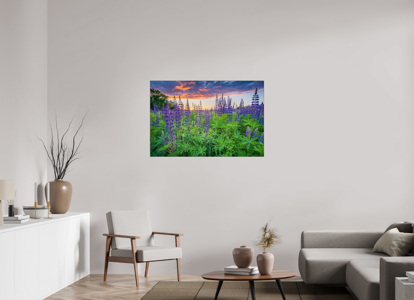 45 x 30″, Premium Photo Print under Acrylic Glass with Black Slimline Case Lupine Sunset