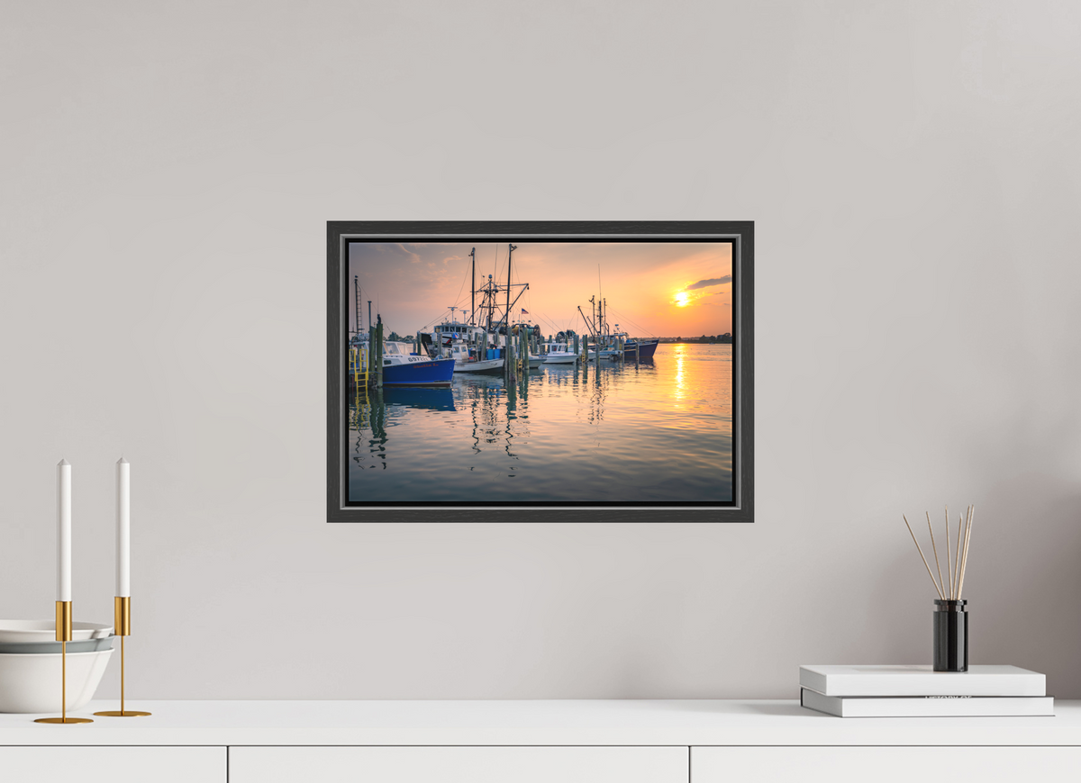15 x 10″, Matte Canvas Print with Black Wood Floater Frame Boats at Sunset
