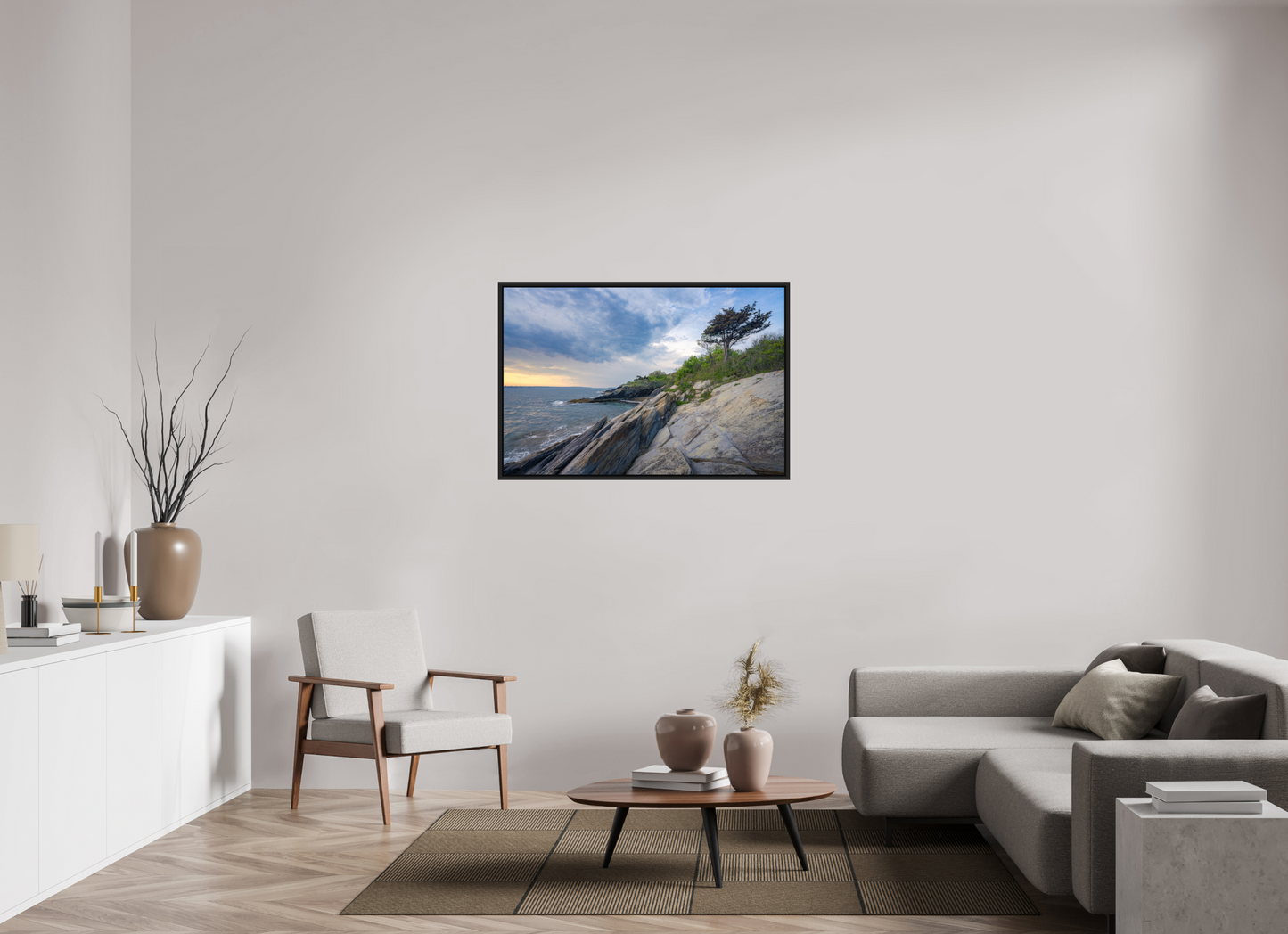 45 x 30″, Premium ChromaLuxe HD Aluminum Metal Print with Black Wood Floater Frame Rain in the Distance at Beavertail