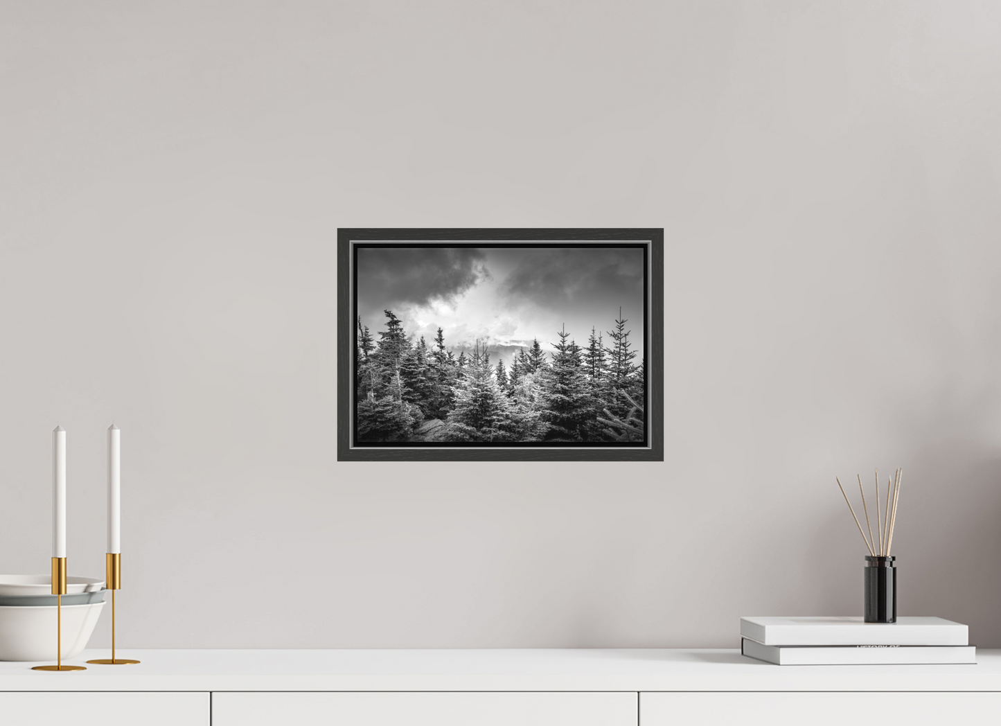 12 x 8″, Matte Canvas Print with Black Wood Floater Frame Pines in Mountain Clouds
