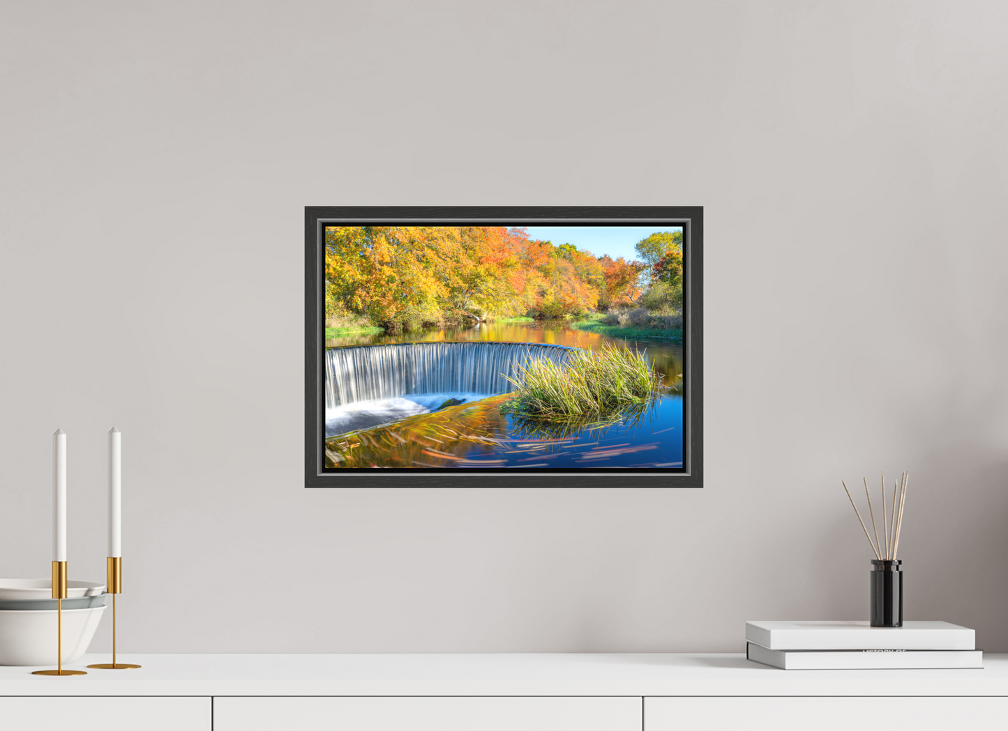 15 x 10″, Matte Canvas Print with Black Wood Floater Frame Peak Fall Colors Over Horseshoe Falls