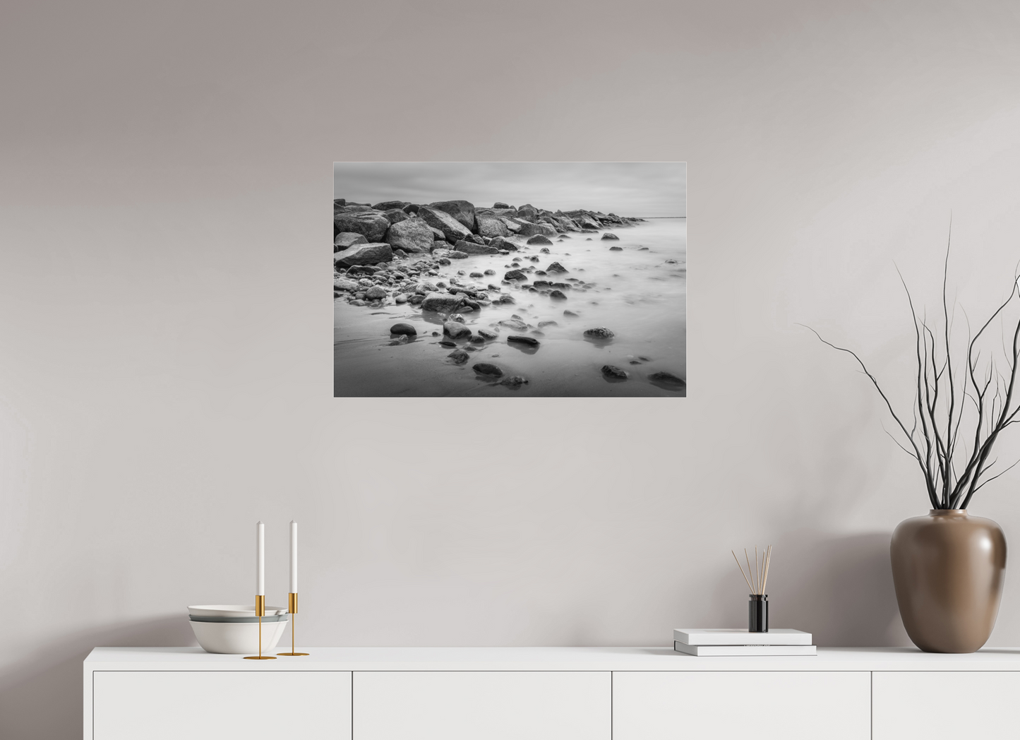 30 x 20″, Photo Print under Acrylic Glass Overcast Morning at Sand Hill Cove