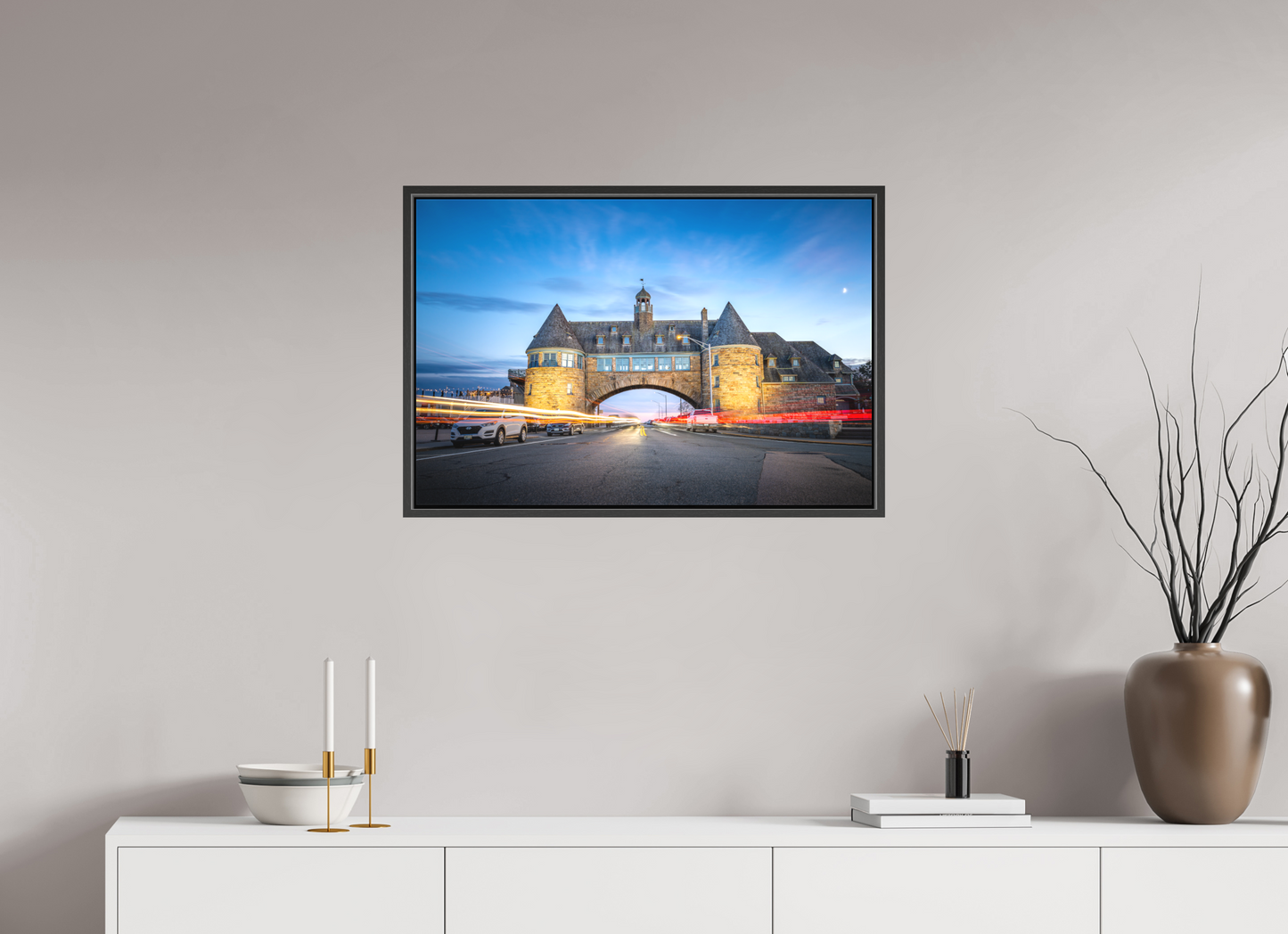 30 x 20″, Matte Canvas Print with Black Wood Floater Frame Narragansett Towers and Light Trails