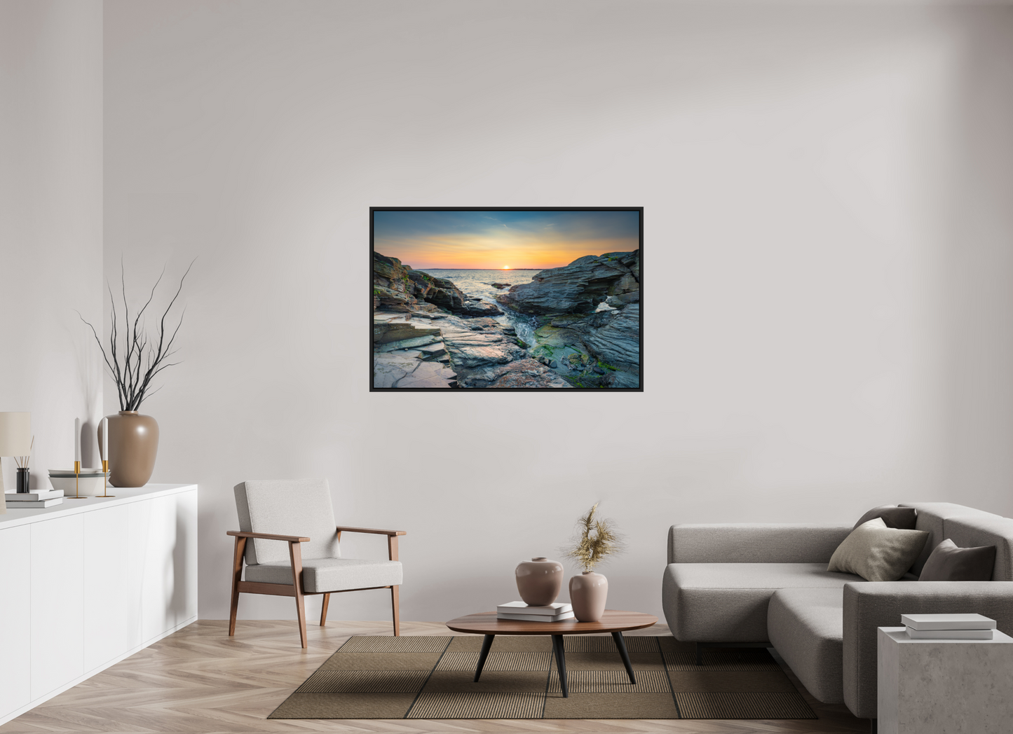 54 x 36″, ChromaLuxe HD Metal Print with Black Wood Floater Frame Sun on the Horizon
