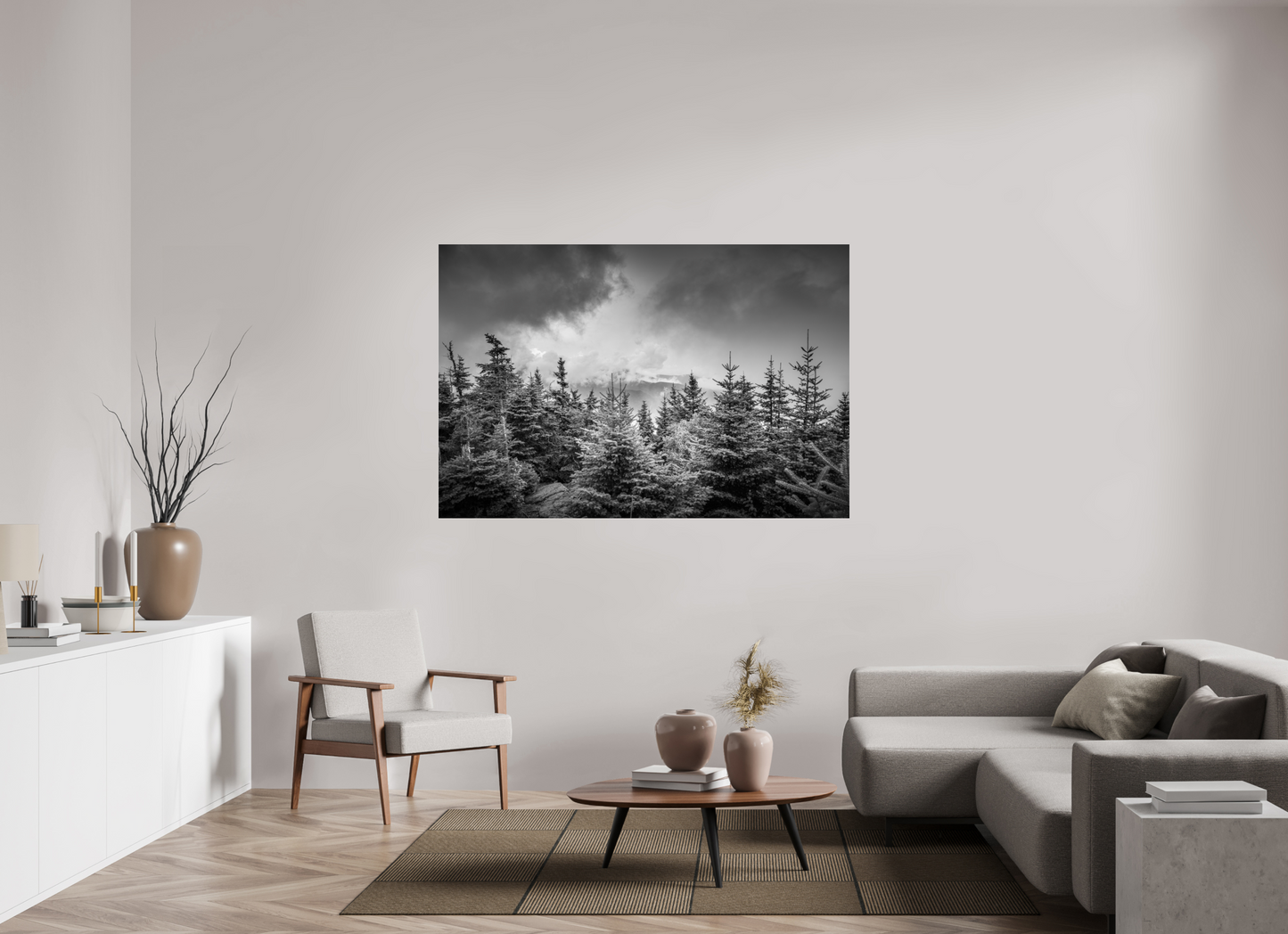 66 x 44″, Photo Print under Acrylic Glass Pines in Mountain Clouds