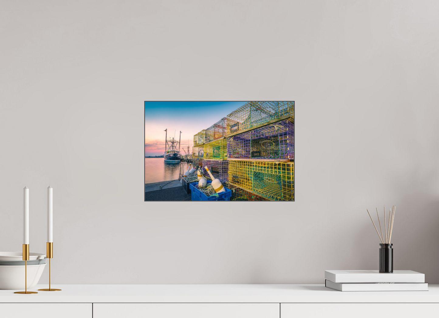 15 x 10″, Premium Photo Print under Acrylic Glass with Black Slimline Case A Wall of Colorful Lobster Pots