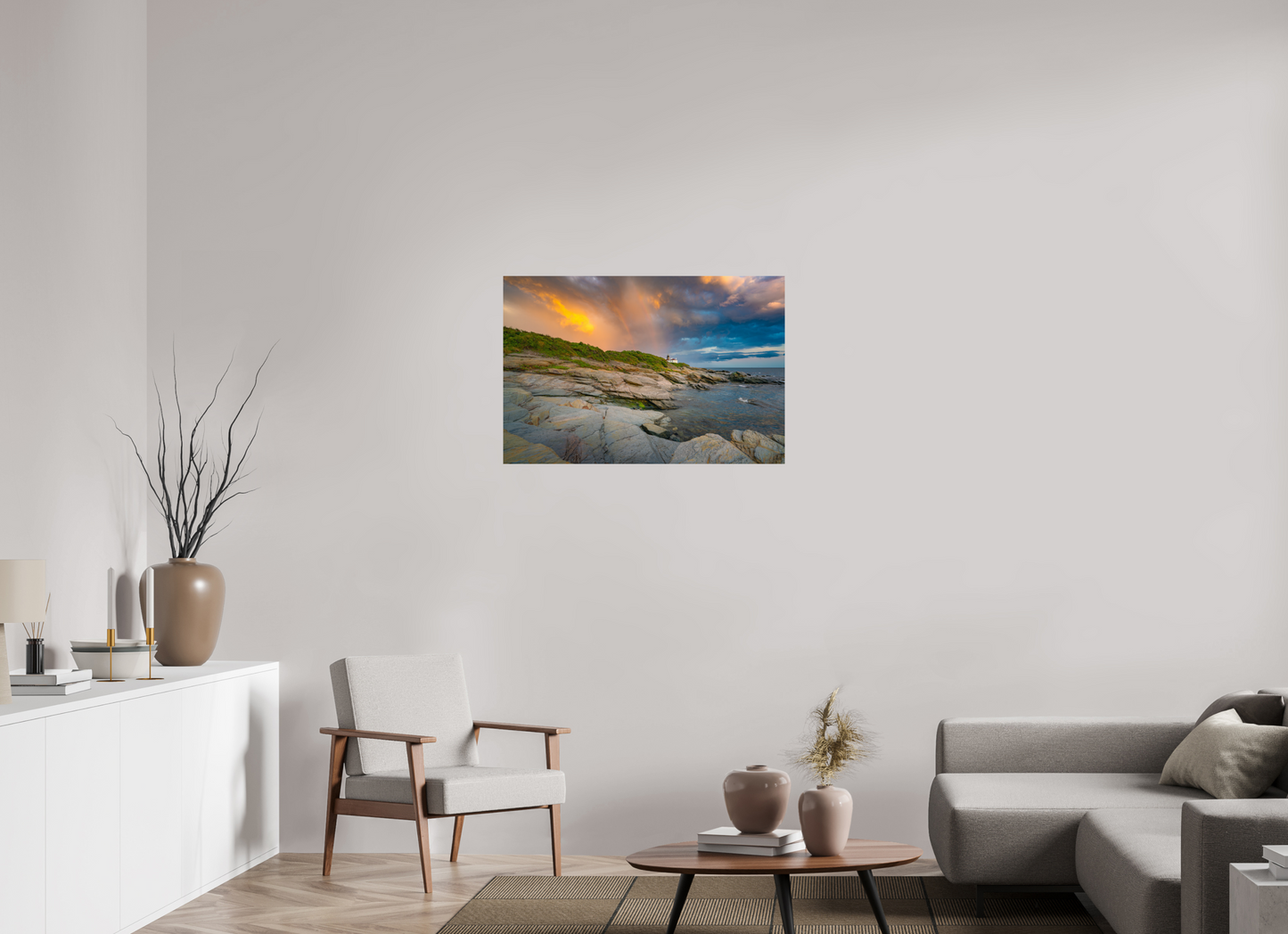 36 x 24″, Premium Photo Print on Fujiflex High Gloss Paper Rainbow Over Beavertail Lighthouse