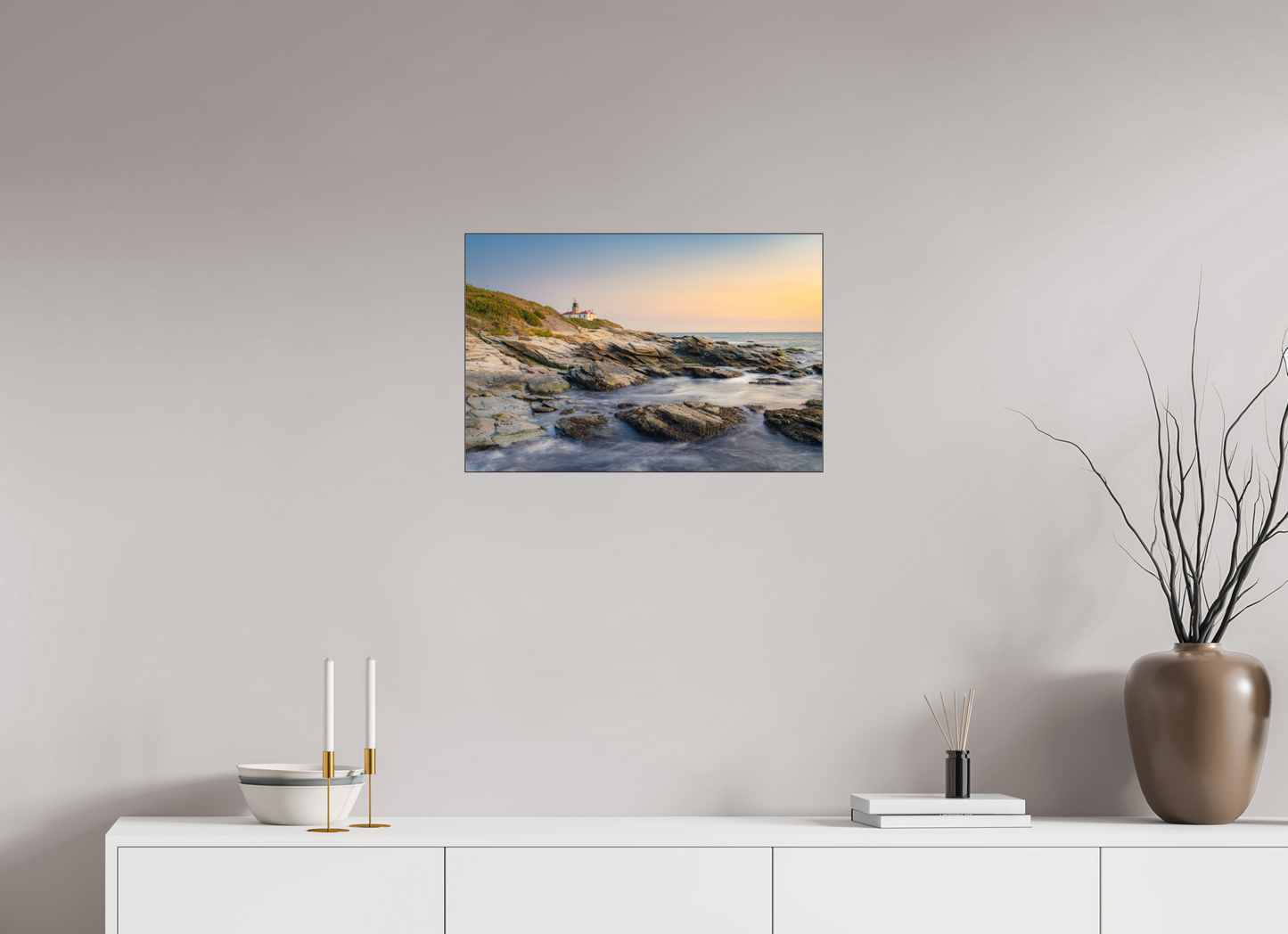24 x 16″, Premium Photo Print under Acrylic Glass with Black Slimline Case Quiet Sunset at Beavertail Lighthouse