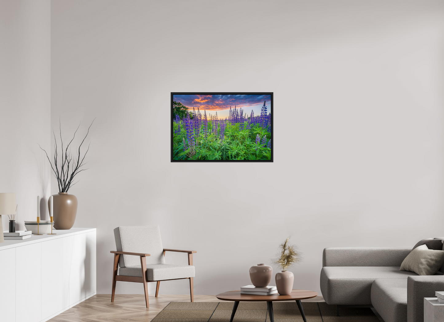 36 x 24″, Premium ChromaLuxe HD Aluminum Metal Print with Black Wood Floater Frame Lupine Sunset