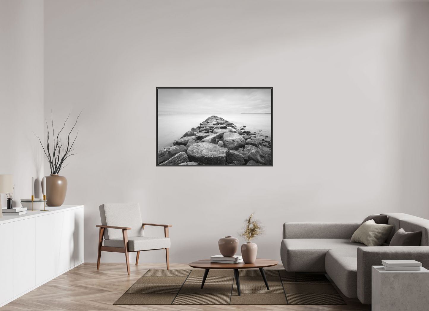 54 x 36″, Matte Canvas Print with Black Wood Floater Frame Sand Hill Cove Rocks