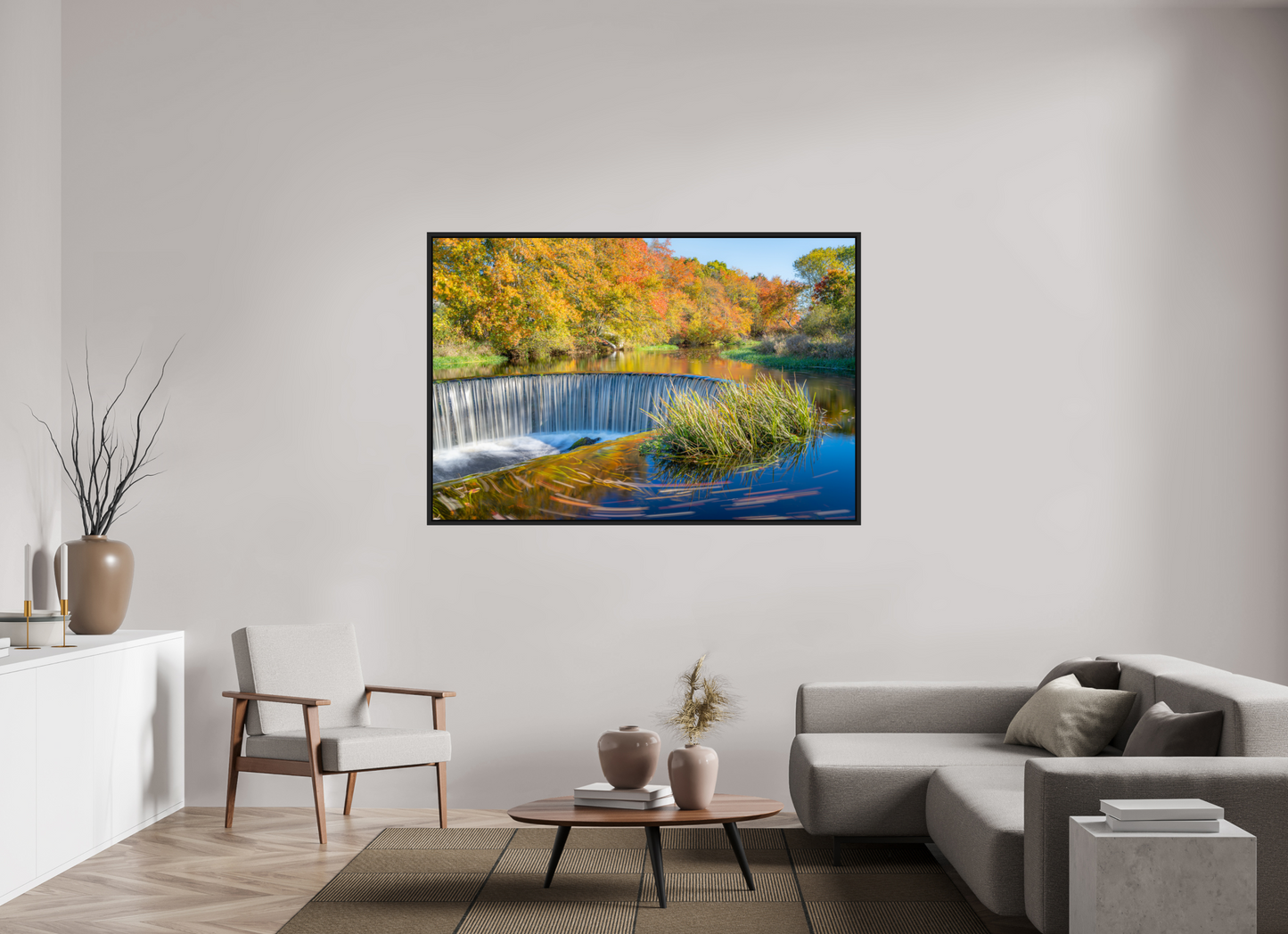 66 x 44″, ChromaLuxe HD Metal Print with Black Wood Floater Frame Peak Fall Colors Over Horseshoe Falls