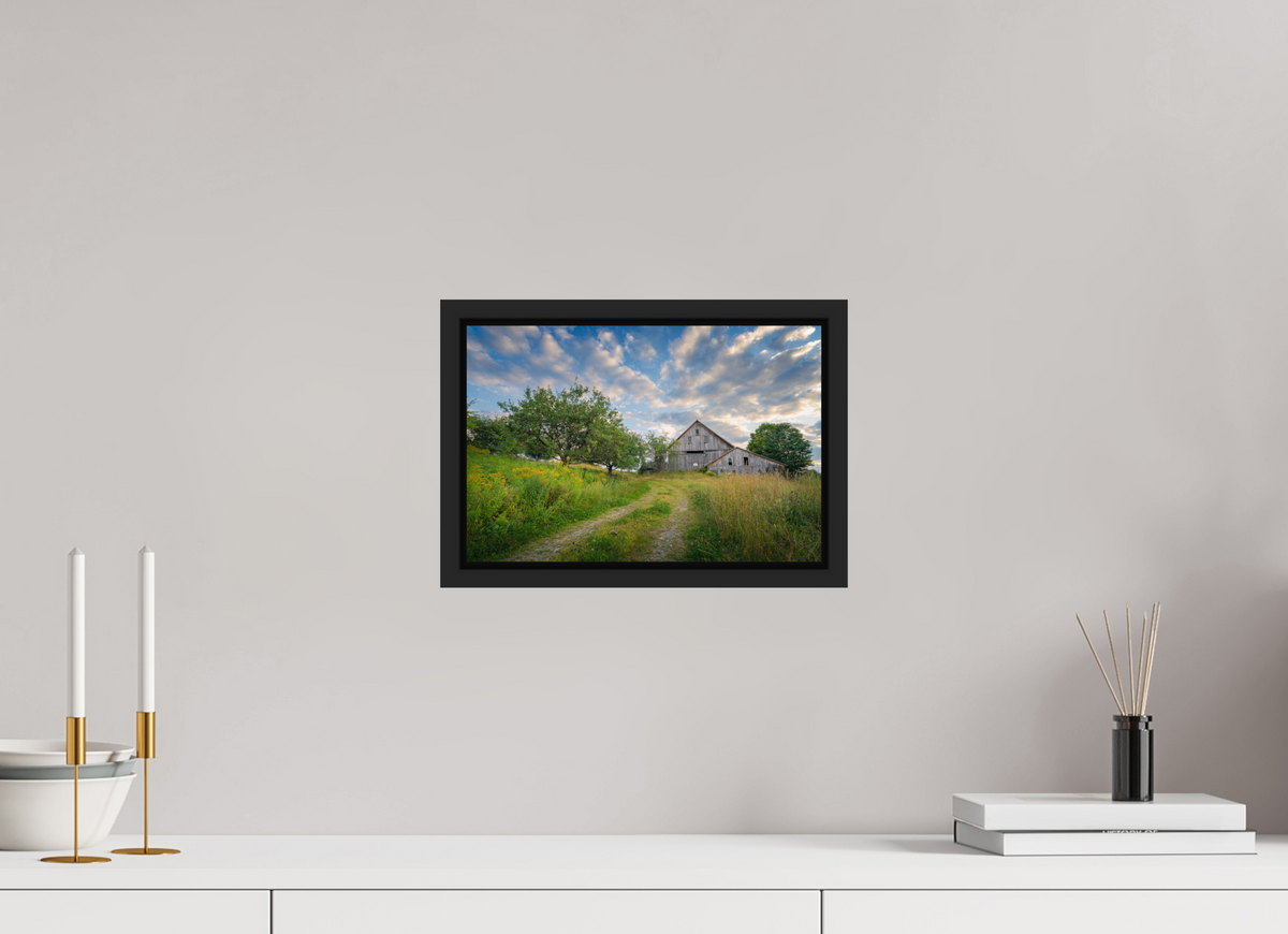 12 x 8″, Premium Photo Print under Acrylic Glass with Black Wood Floater Frame Countryside Barn