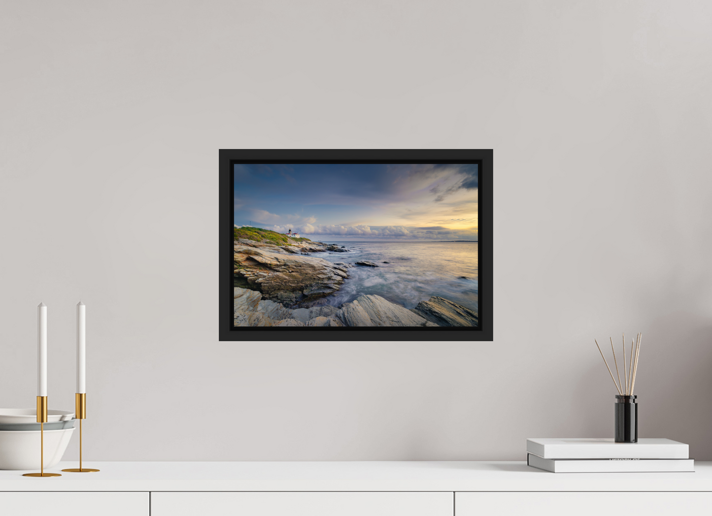 15 x 10″, ChromaLuxe HD Metal Print with Black Wood Floater Frame Twilight at Beavertail Lighthouse