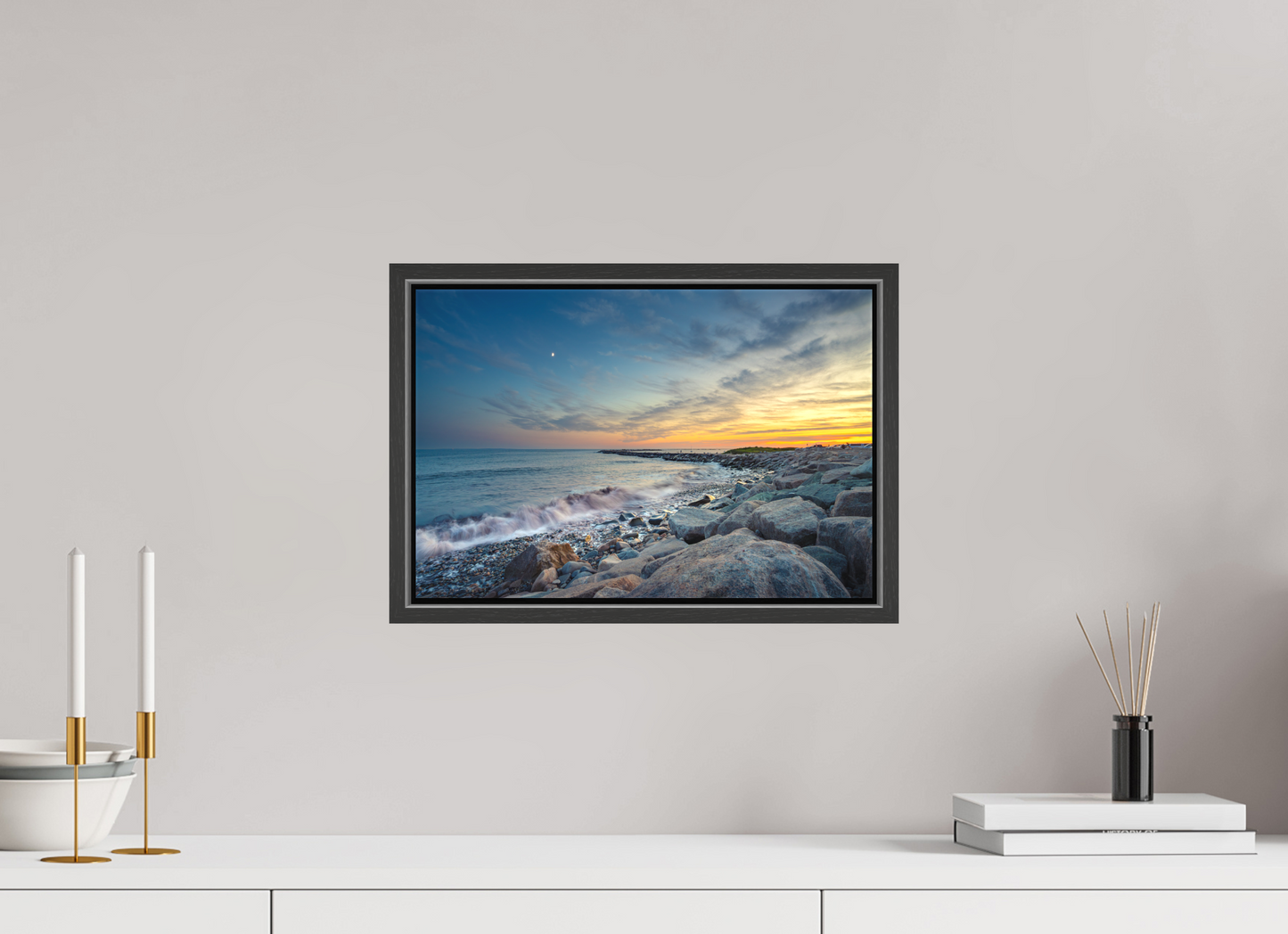 15 x 10″, Matte Canvas Print with Black Wood Floater Frame Sunset at Camp Cronin