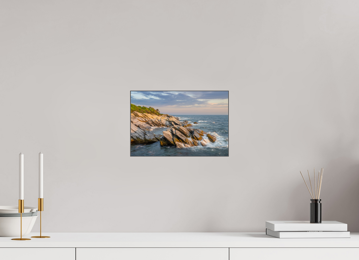 12 x 8″, Premium Photo Print under Acrylic Glass with Black Slimline Case Beavertail Cliffs Approaching Sunset