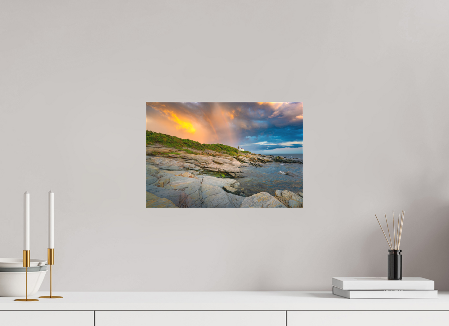 15 x 10″, Matte Canvas Print Rainbow Over Beavertail Lighthouse