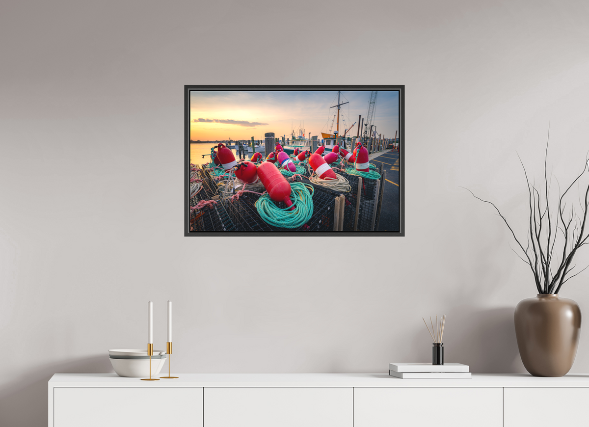 30 x 20″, Matte Canvas Print with Black Wood Floater Frame Buoys, Boats, and Lobster Pots