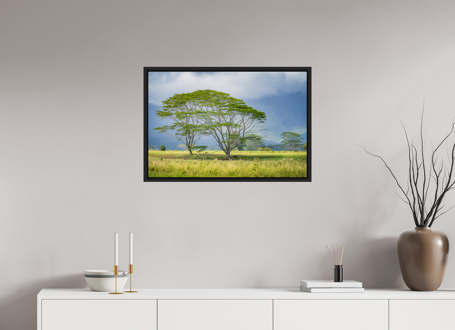 30 x 20″, Photo Print under Acrylic Glass with Black Wood Floater Frame Savanna Trees of Kauai